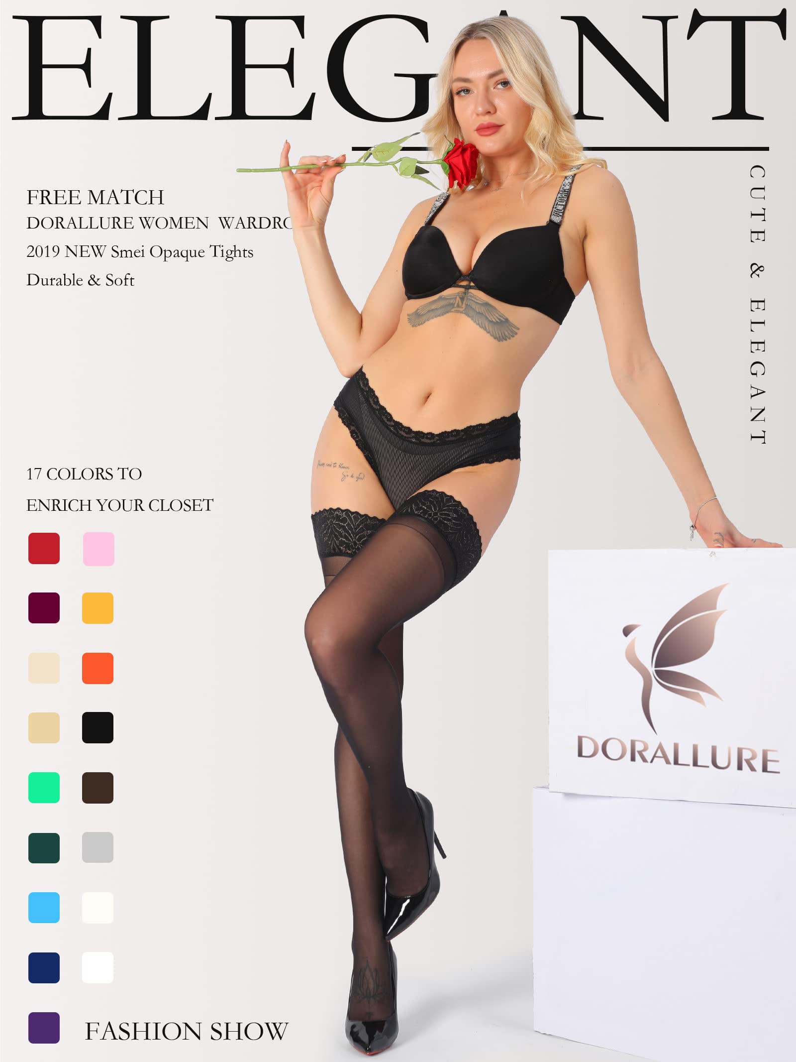 DORALLURE Thigh High Stockings Silicone Lace Top Stay Up Silky Semi Sheer Pantyhose for Women Hold Up Nylon,Black - Medaid International