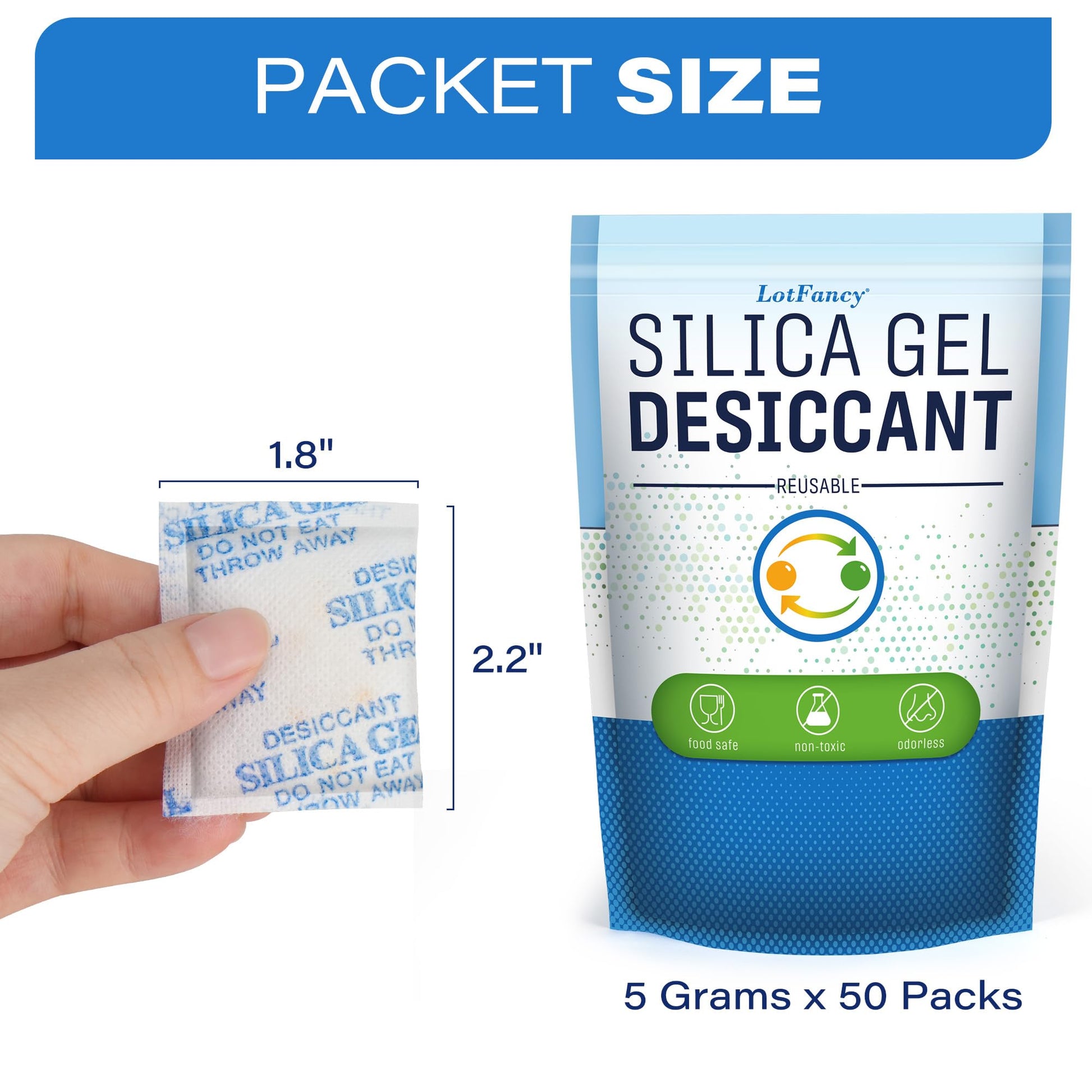 LotFancy 5 Gram (50 Pack) Silica Gel Packets, Color Indicating Desiccant - Rechargeable Moisture Absorbers for Food Storage, Electronics, 3D Filament & Safes - Medaid International