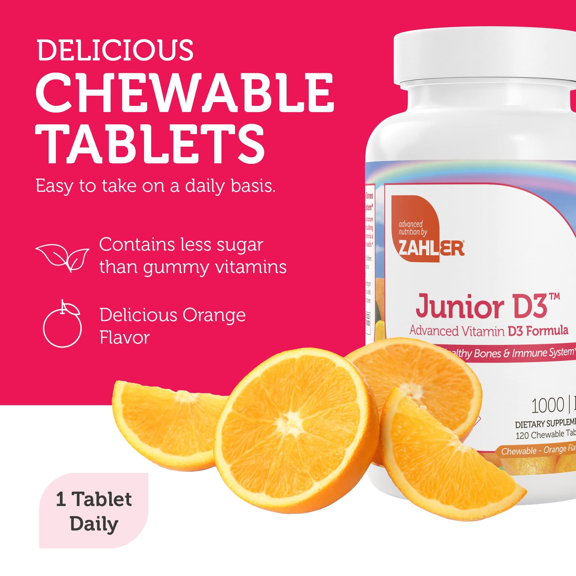 Zahler Junior D3 Vitamins 1000 IU - for Kids - Vitamin D for Kids to Support Bone, Teeth & Immune Health - Kosher Orange Flavor - 120 Count. - Medaid International