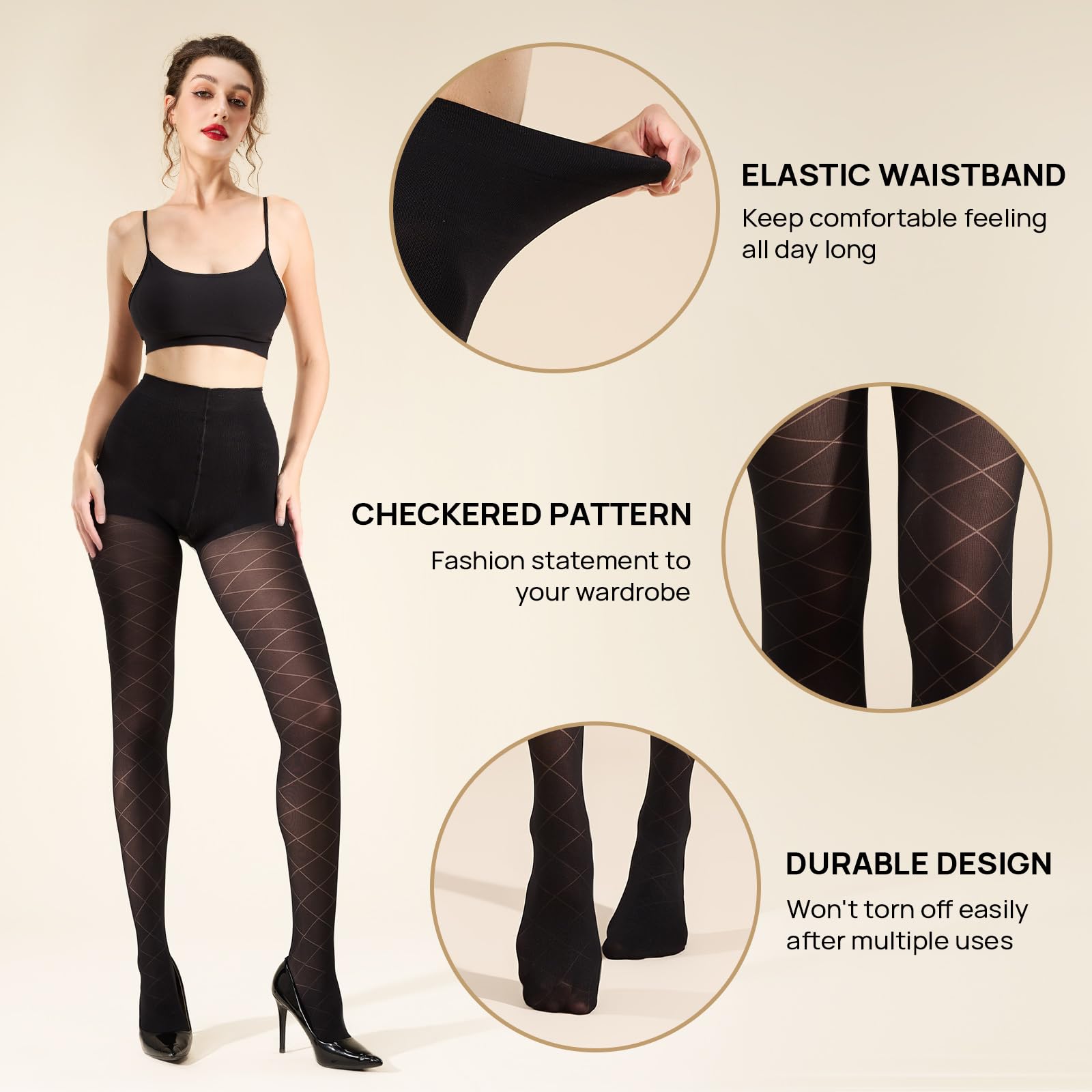 MANZI Diamond Patterned Control Top Tights Checkered Tummy Control Pantyhose 50 Denier Black Small-Medium - Medaid International