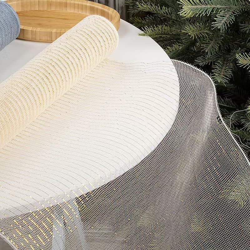 BESTONE Gold Metallic Mesh Ribbon 10 Inch Wide for Christmas Wreath Supplies, Tree Decoration, Garland and Bows - Decorative Deco Mesh with Metallic Foil - Medaid International