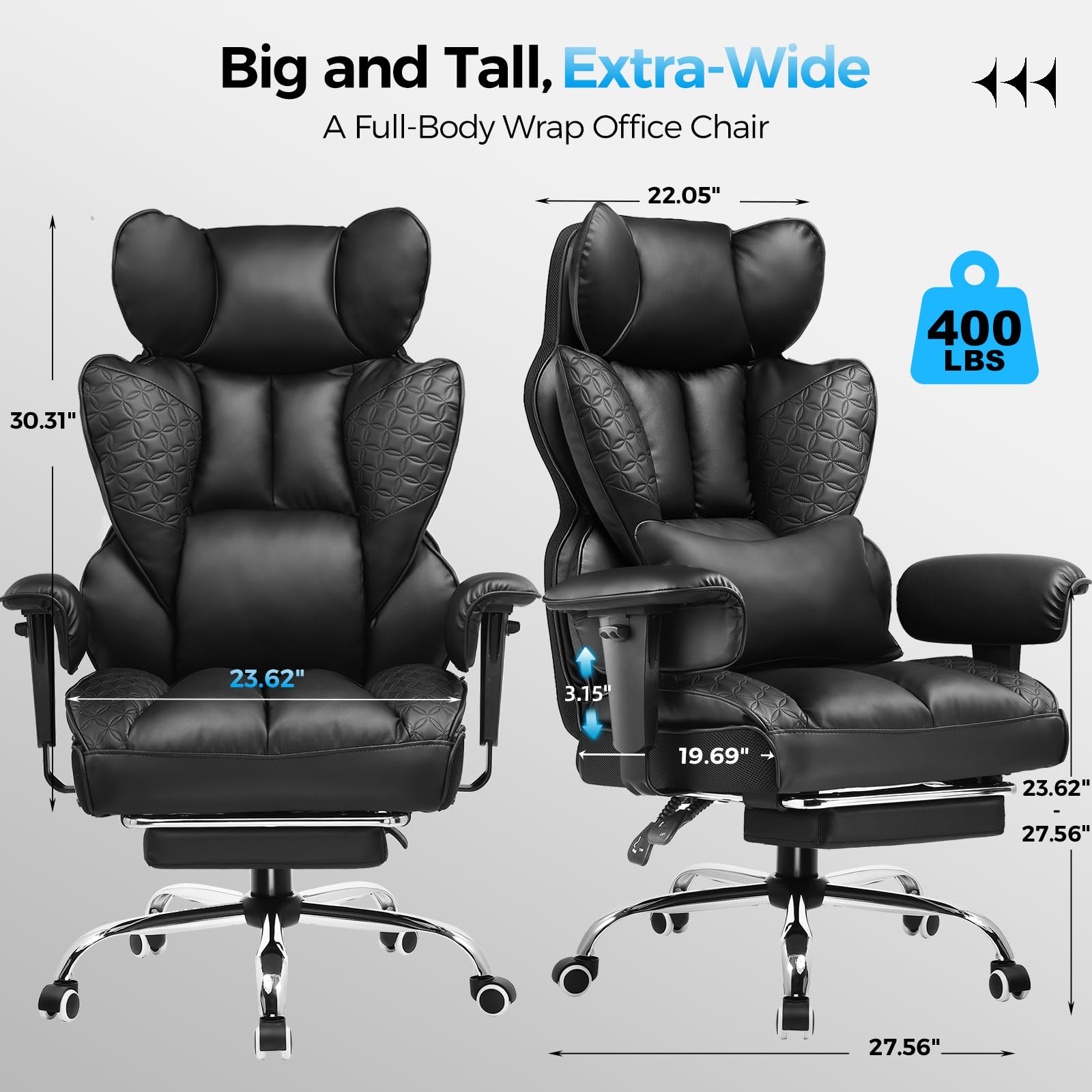 COMHOMA Big and Tall Office Chair 400LBS Wide Ergonomic Gaming Chair with Deluxe Embossing Designed Leather with Foot Rest,150°Reclining Adjustable Armrests Pocket Spring Back Support and Pillow - Medaid International