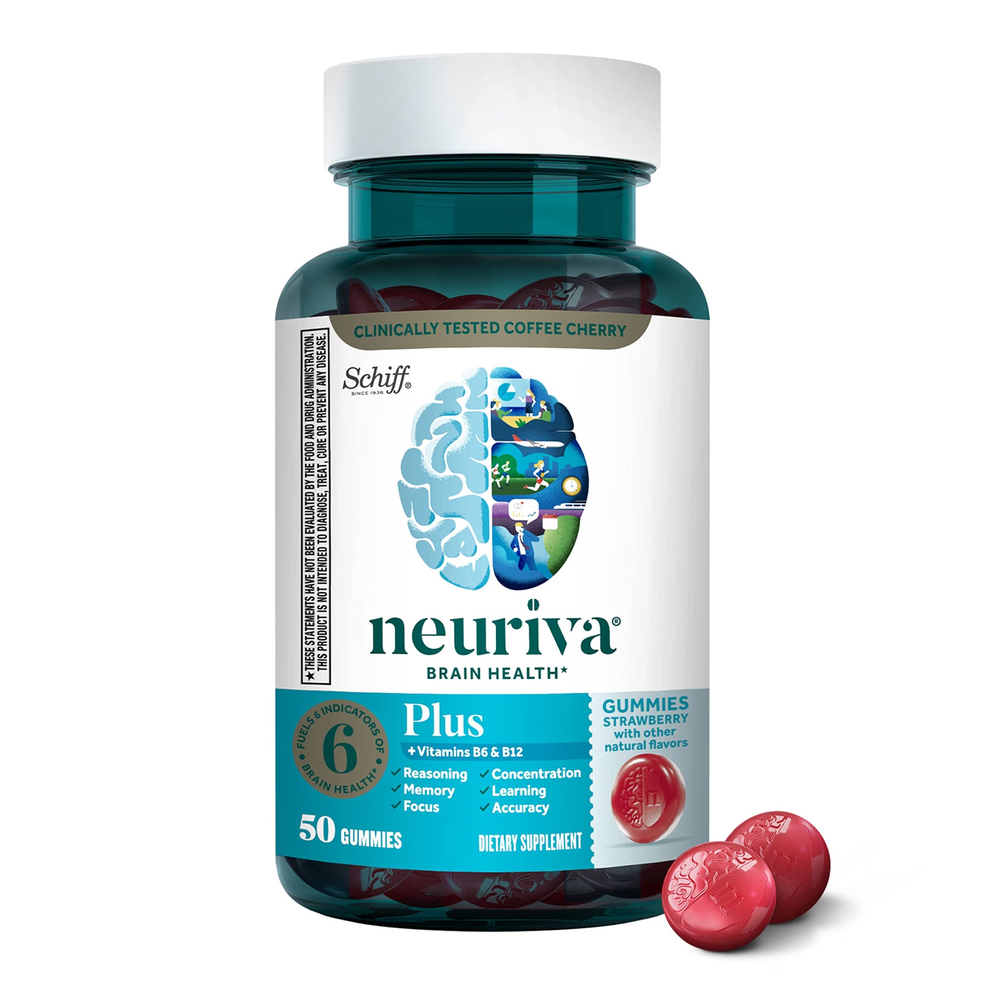 NEURIVA Plus Brain Supplement for Memory,Focus & Concentration+Cognitive Function with Vitamins B6 & B12 and Clinically Tested Nootropics Phosphatidylserine and Neurofactor,50ct Strawberry Gummies - Medaid International