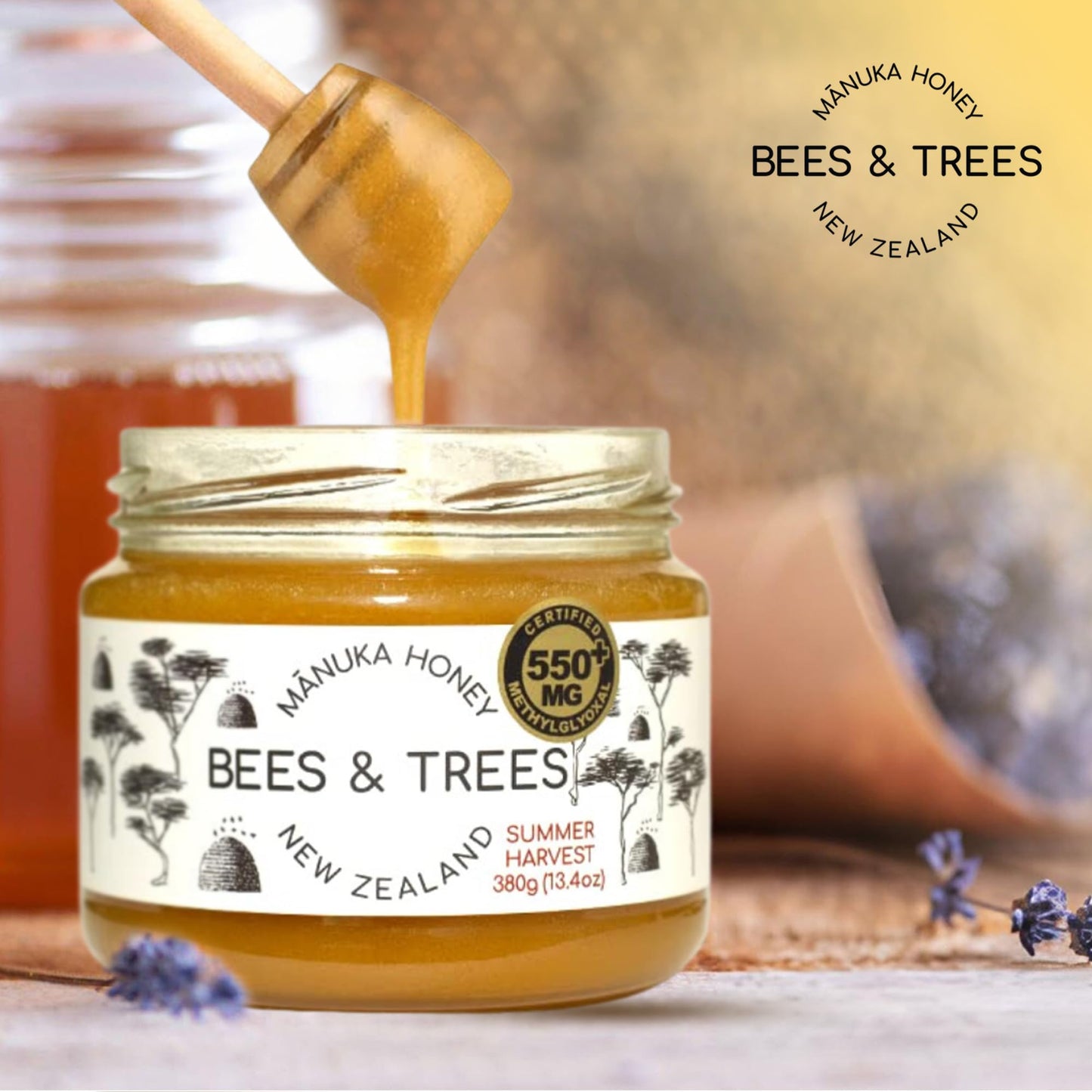Bees & Trees Manuka Honey 550+ MGO – Pure New Zealand Raw Monofloral Honey – Unpasteurized & Natural – 380g (13.4oz) Glass Jar – Perfect for Coffee, Tea & Daily Wellness - Medaid International