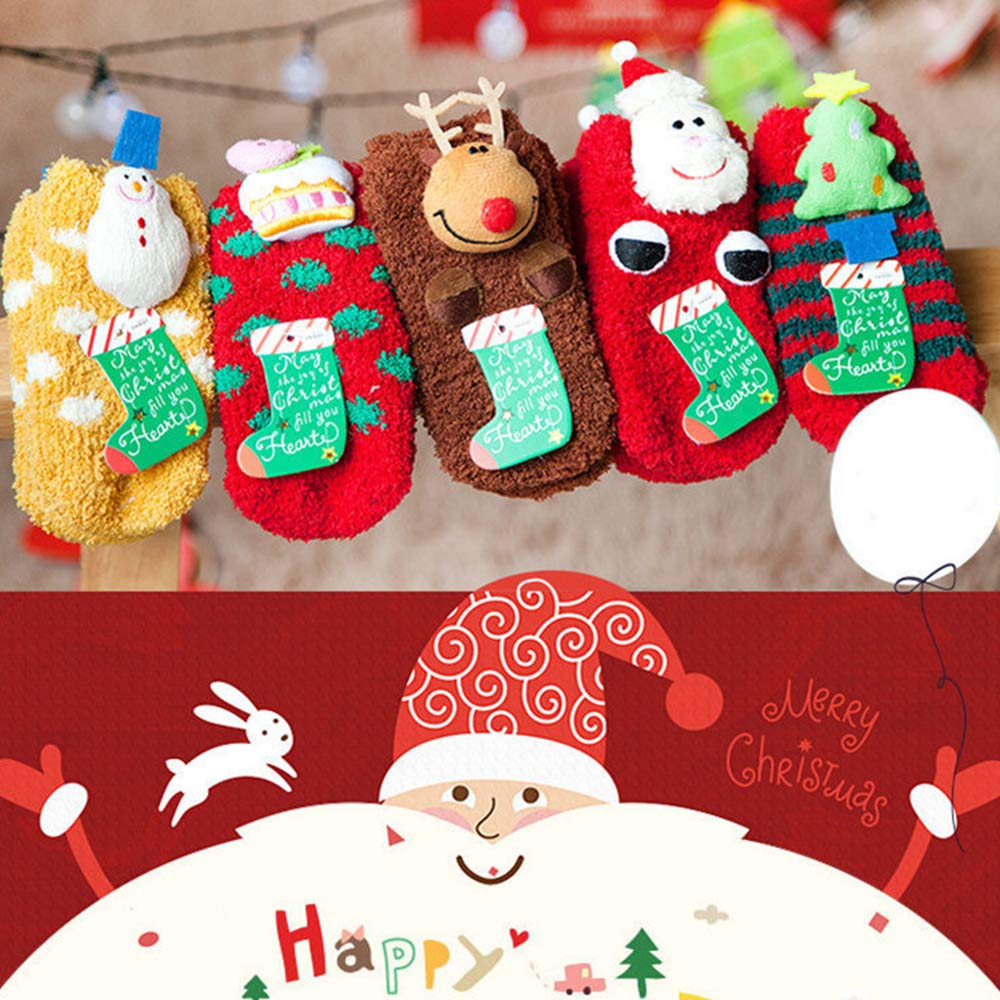 JEPELUS 5 Pairs Small Slipper Fluffy Socks, 3D Anti-skid Christmas Cozy Comfy Sock Winter Fuzzy Coral Fleece Socks for Toddler Kids Holiday Gifts (Christmas Xmas Tree Cake Reindeer Snowmen Father) - Medaid International