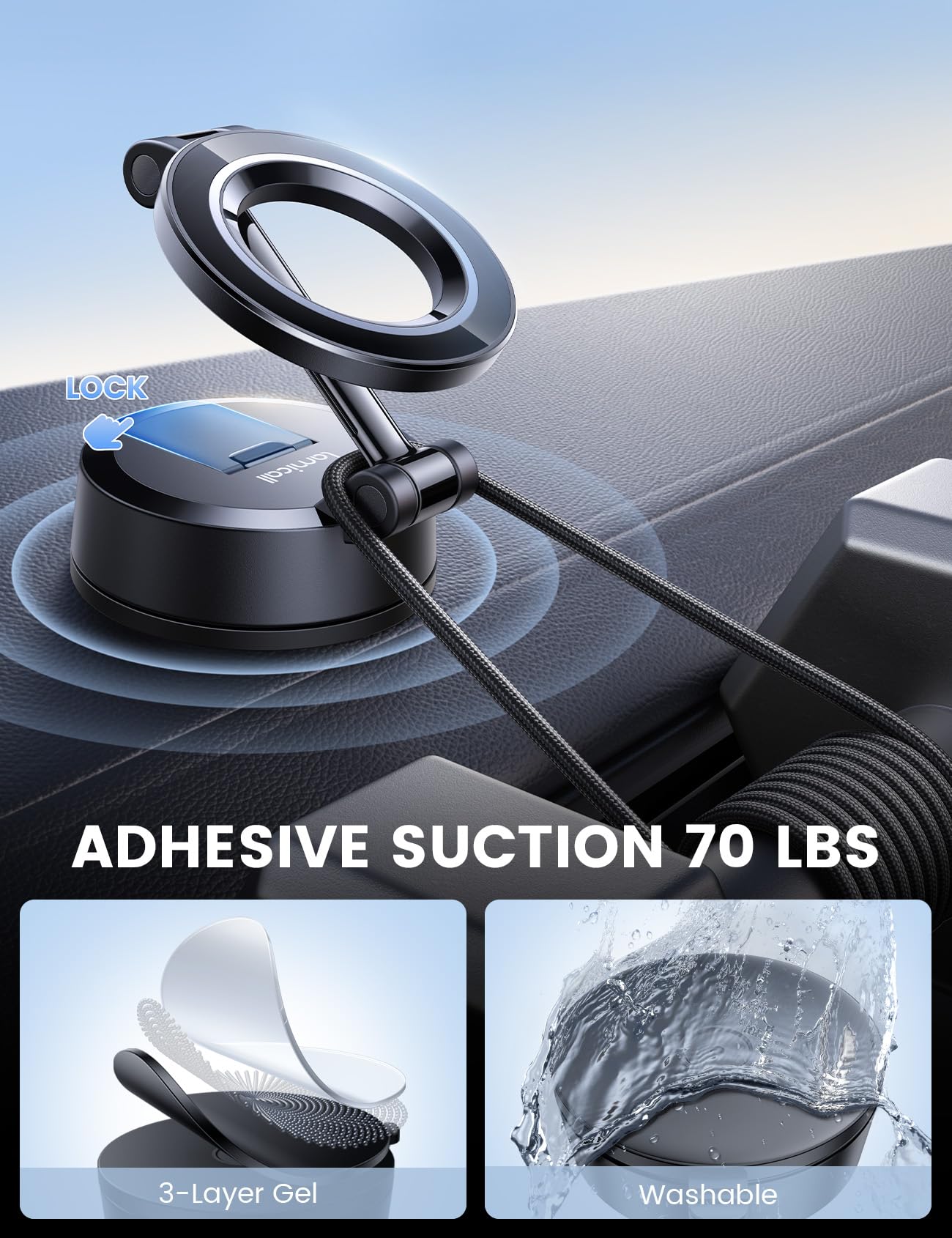 Lamicall Car Phone Mount [70LBS Powerful Suction] for Magsafe Car Mount, 360° Adjustable Suction Cup Phone Mount Dashboard & Windshield for Truck for iPhone 17 All Smartphone - Medaid International
