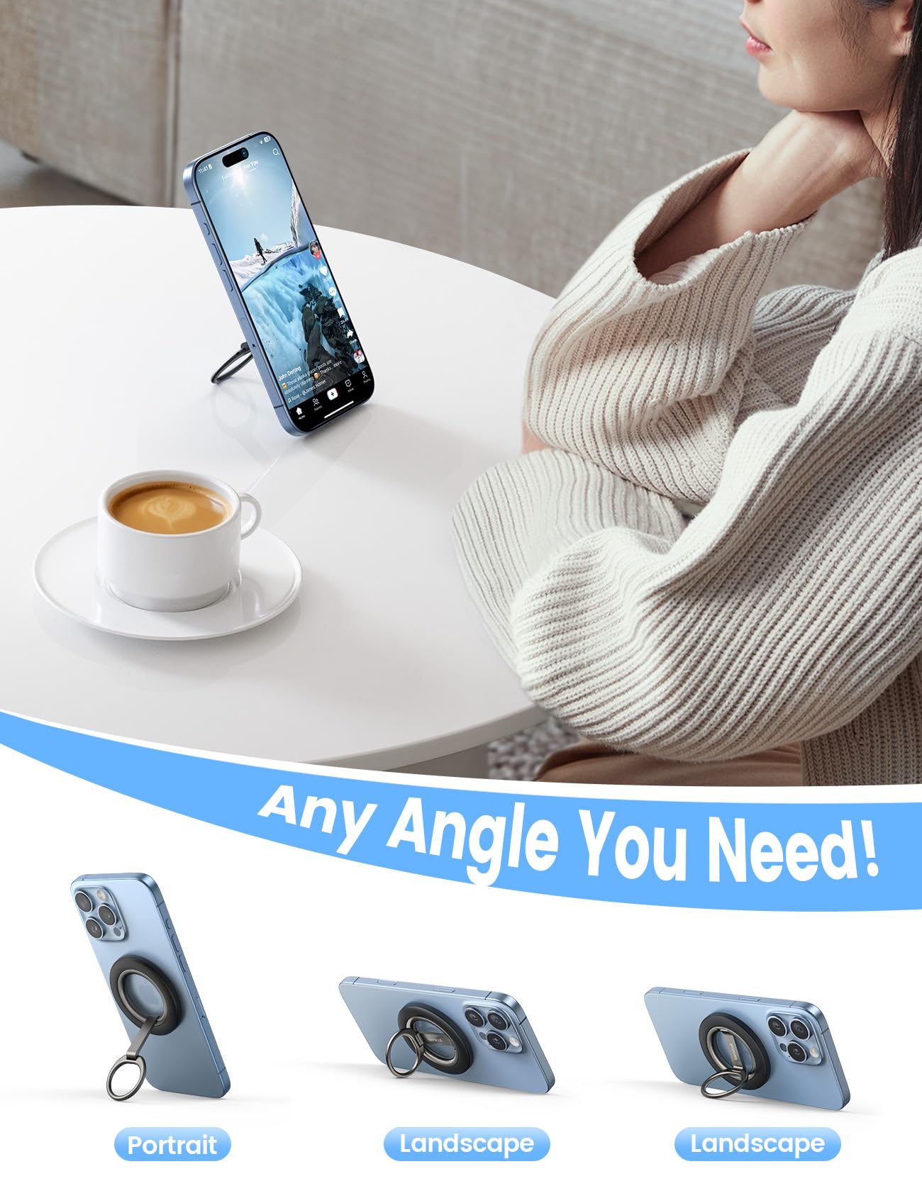 Lamicall for MagSafe Magnetic Phone Grip Stand - [Upgrade Dual-Hinge] Finger Ring Holder, 360° Rotation Phone Kickstand Super Magnet Ring, Mag Safe Accessories for iPhone 17 16 Pro Max Air, Androids - Medaid International