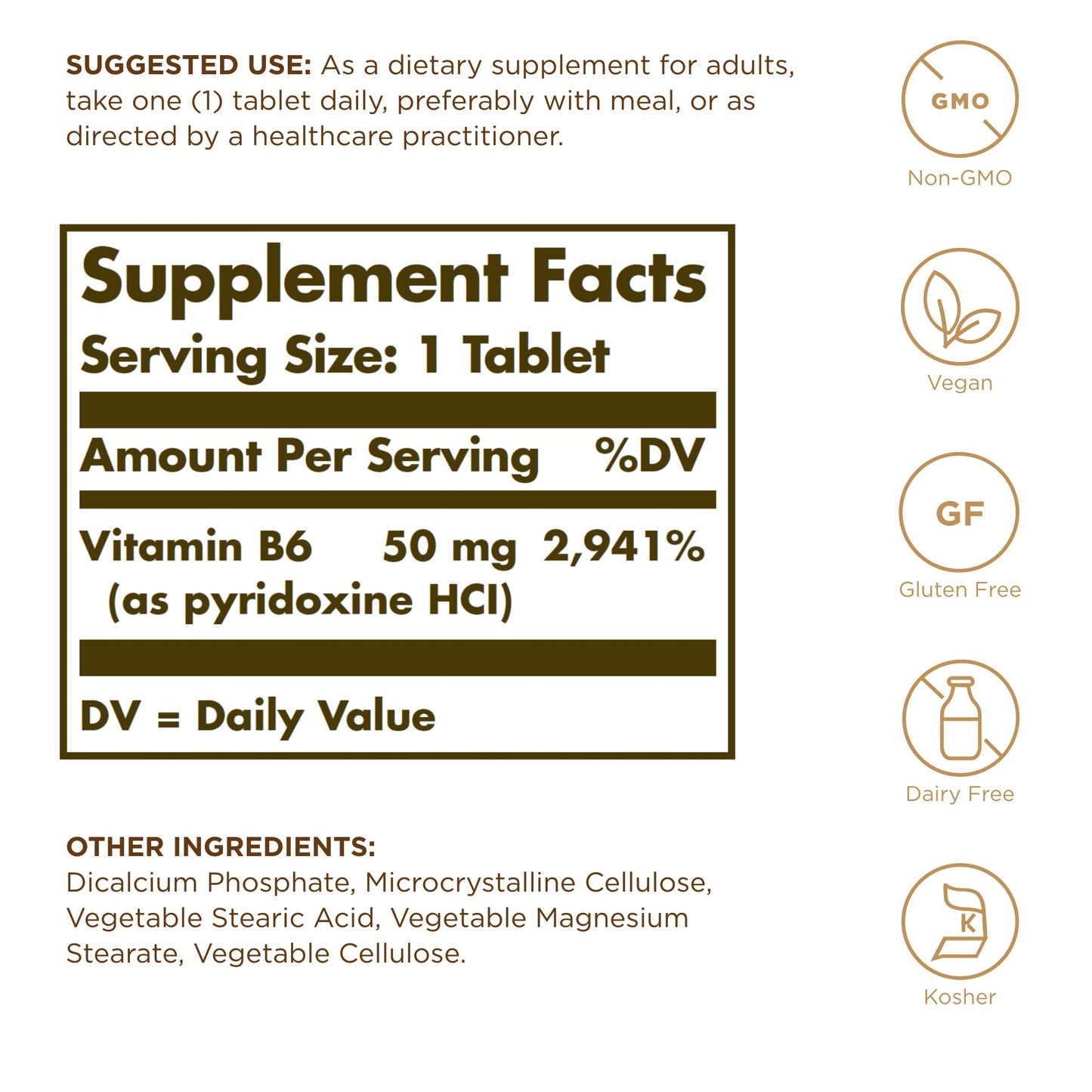 Solgar Vitamin B6 50 mg - 100 Tablets - Non-GMO, Vegan, Gluten Free, Dairy Free, Kosher - 100 Servings - Medaid International