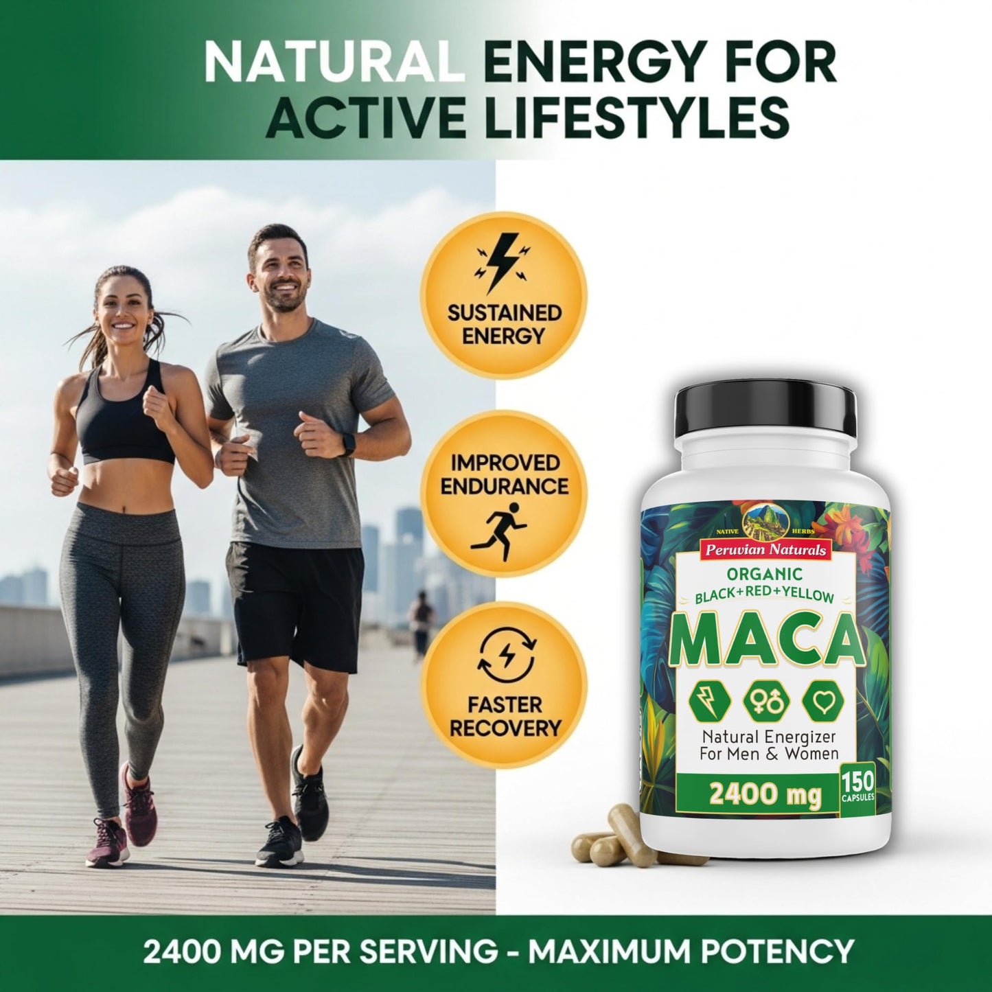 Organic Maca Root Capsules for Women & Men 2400mg per Serving - 150 Pills Black, Red, Yellow Maca Supplement - Gelatinized Macaroot, Non-GMO, Vegan by Peruvian Naturals - Medaid International