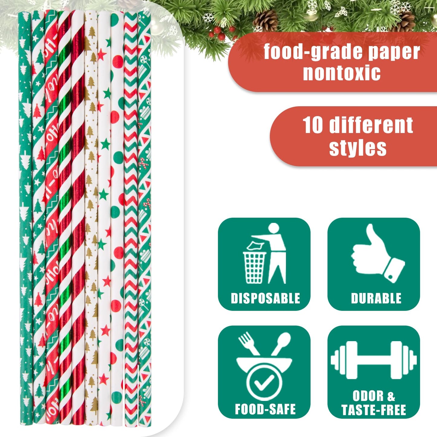 125PCS Christmas Paper Straws, 10 Styles Paper Drinking Straws Red and Green Stripes for Xmas Party, Wedding Favors, DIY Crafts - Medaid International