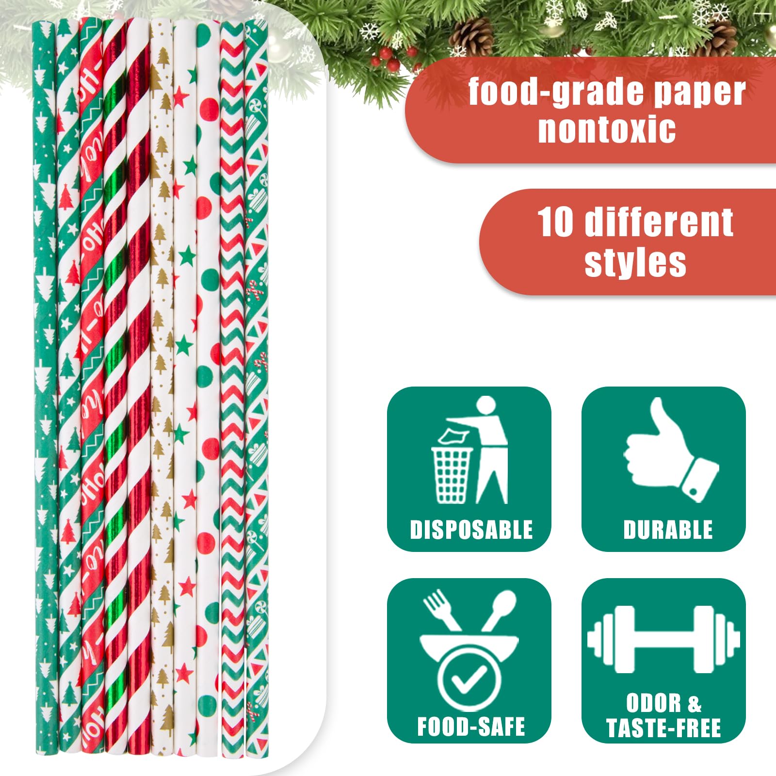 125PCS Christmas Paper Straws, 10 Styles Paper Drinking Straws Red and Green Stripes for Xmas Party, Wedding Favors, DIY Crafts - Medaid International