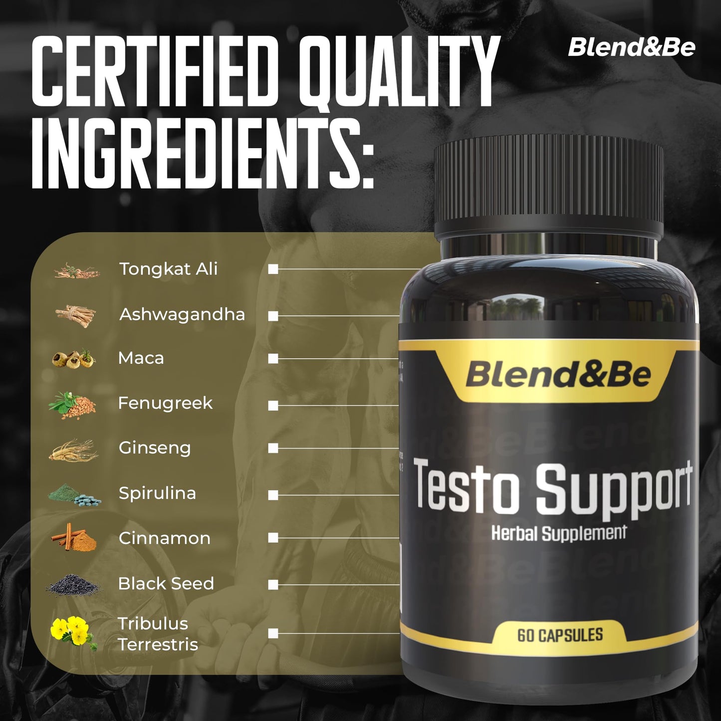 Blend&Be Testo Support | All-in-ONE Herbal Dietary Supplement | Tongkat Ali, Fenugreek, Ginseng, Maca, Ashwagandha, Spirulina Tribulus,Black Seed and Cinnamon.+ ★Free E-Book ★ - Medaid International