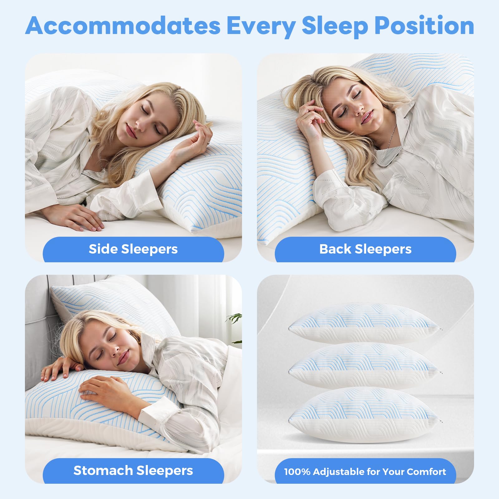 VONPURE Shredded Memory Foam Pillows Queen Size Set of 2, Adjustable Loft Cooling Firm Bed Pillows for Hot Sleepers, Side Back and Stomach Sleepers - Medaid International