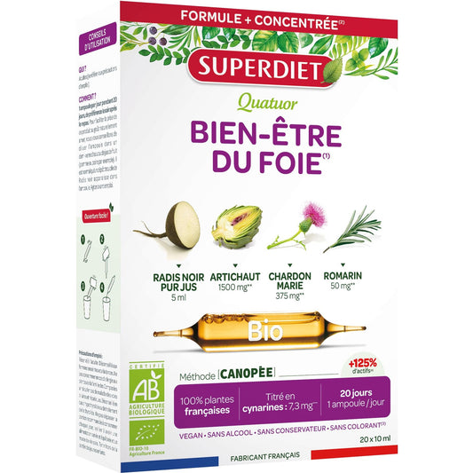 SUPERDIET-QUATUOR DIGESTION BIO-Bien-être du foie -Radis Noir Artichaut Chardon Marie Romarin-Fabrication Française-20 Ampoules de 15ml - Medaid International