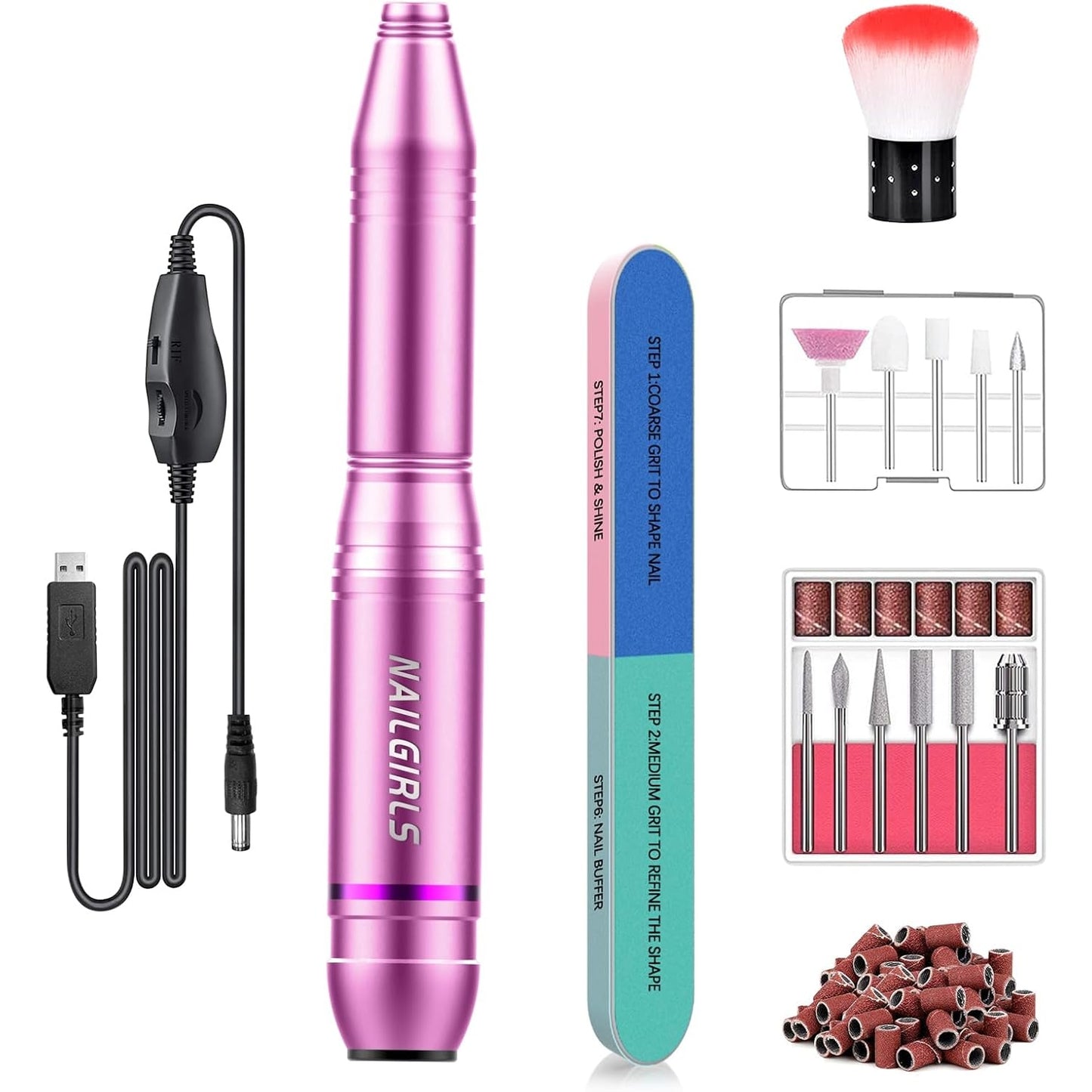 NAILGIRLS Electric Nail File, Portable Nail Drill USB 25000RPM Professional Nail Drill Machine for Acrylic Gel Nails Efile E File Manicure Pedicure Polishing Shape Tools for Home Salon Use (Pink) - Medaid