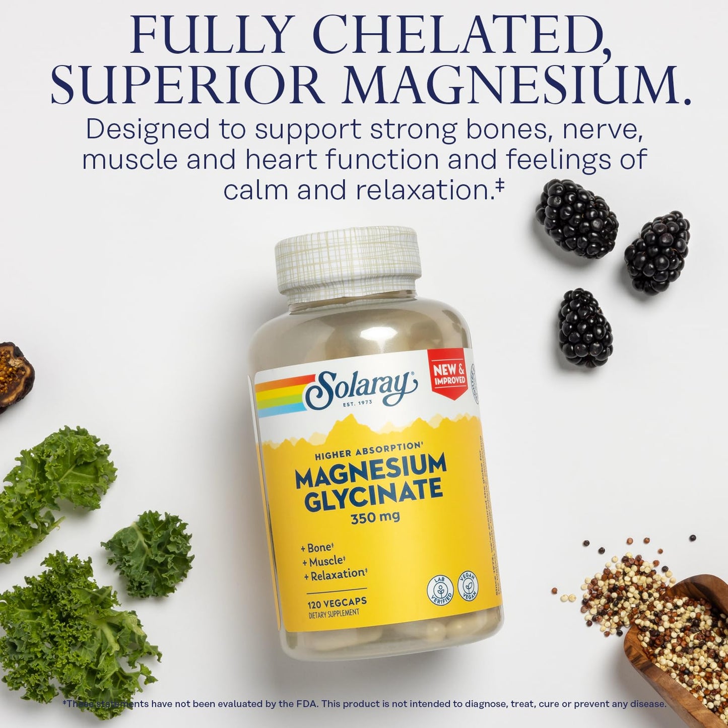 SOLARAY Magnesium Glycinate Capsules, Chelated Magnesium Bisglycinate w/BioPerine, Higher Absorption Magnesium Supplement - Bones, Muscles, Heart Support, Vegan (30 Servings, 120 VegCaps) - Medaid International