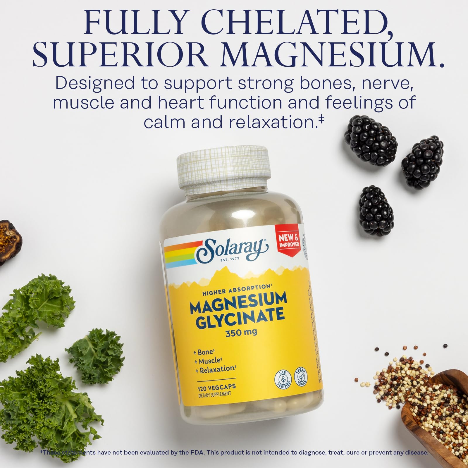 SOLARAY Magnesium Glycinate Capsules, Chelated Magnesium Bisglycinate w/BioPerine, Higher Absorption Magnesium Supplement - Bones, Muscles, Heart Support, Vegan (30 Servings, 120 VegCaps) - Medaid International