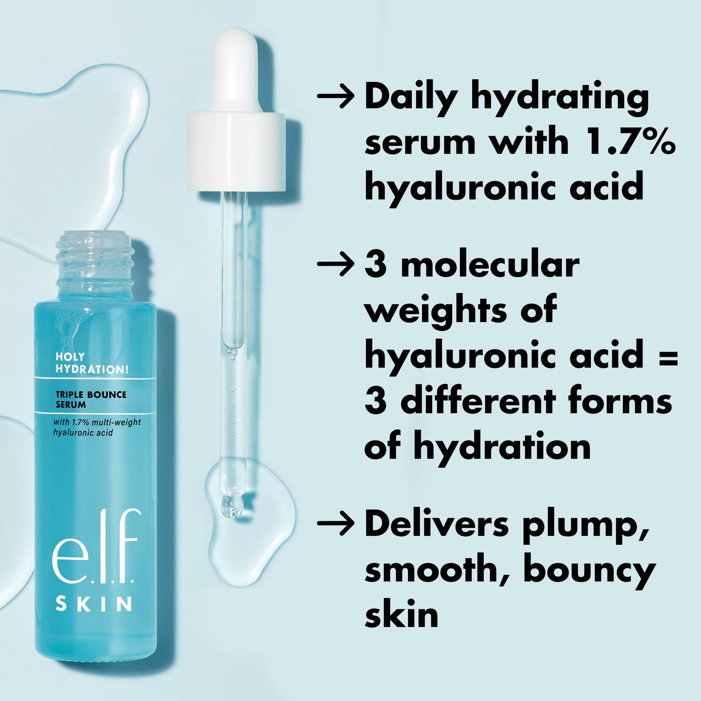 e.l.f. SKIN Holy Hydration! Triple Bounce Serum, 1.7% Hyaluronic Acid Serum For Plump, Bouncy Skin, Moisturizing & Hydrating, Vegan & Cruelty-Free - Medaid International