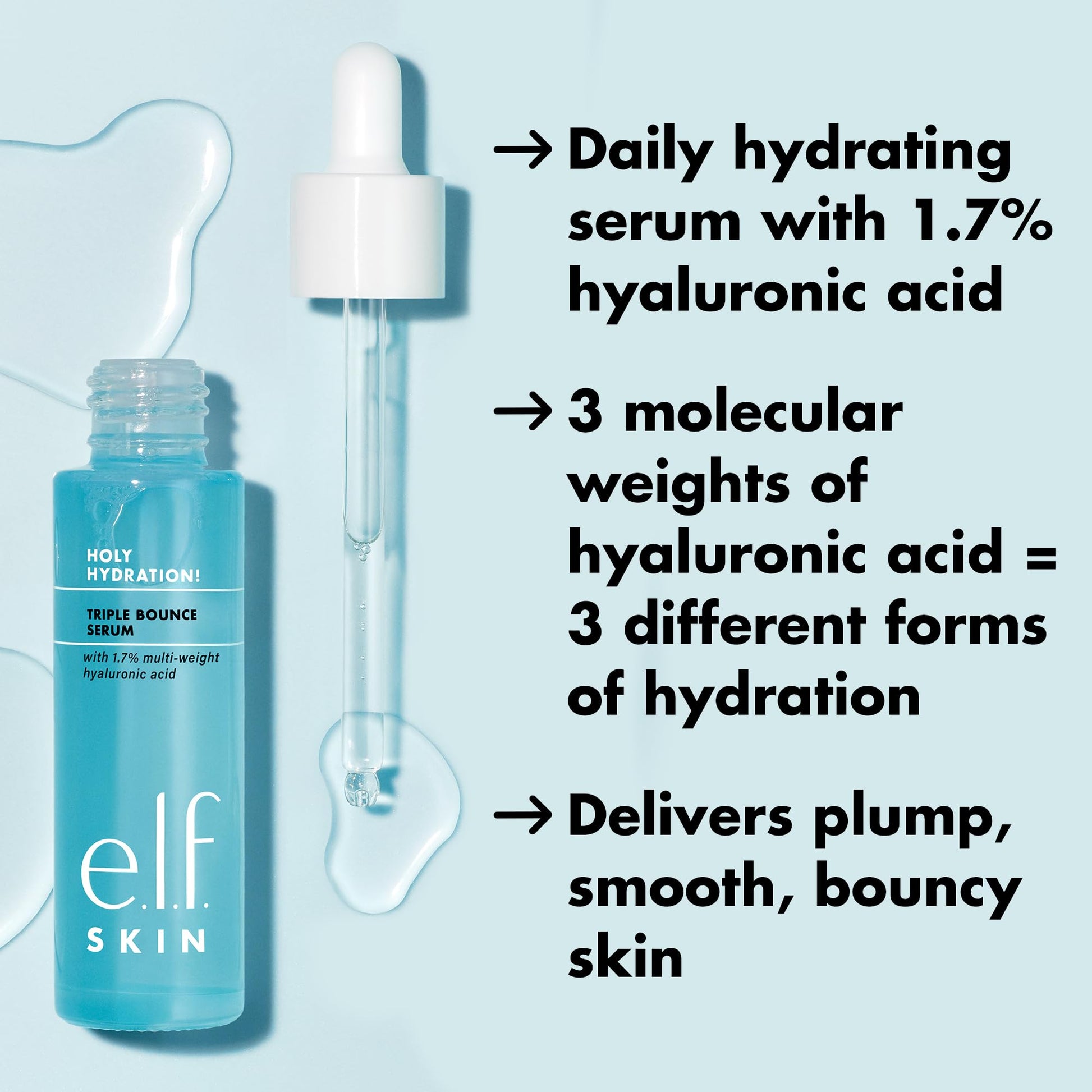e.l.f. SKIN Holy Hydration! Triple Bounce Serum, 1.7% Hyaluronic Acid Serum For Plump, Bouncy Skin, Moisturizing & Hydrating, Vegan & Cruelty-Free - Medaid International