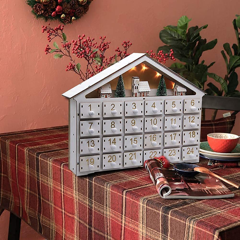 MorTime LED 24 Day Advent Calendar Decorated with Christmas Tree House and LED Lights, Lighted White Wooden Countdown to Christmas Calendar - Medaid International