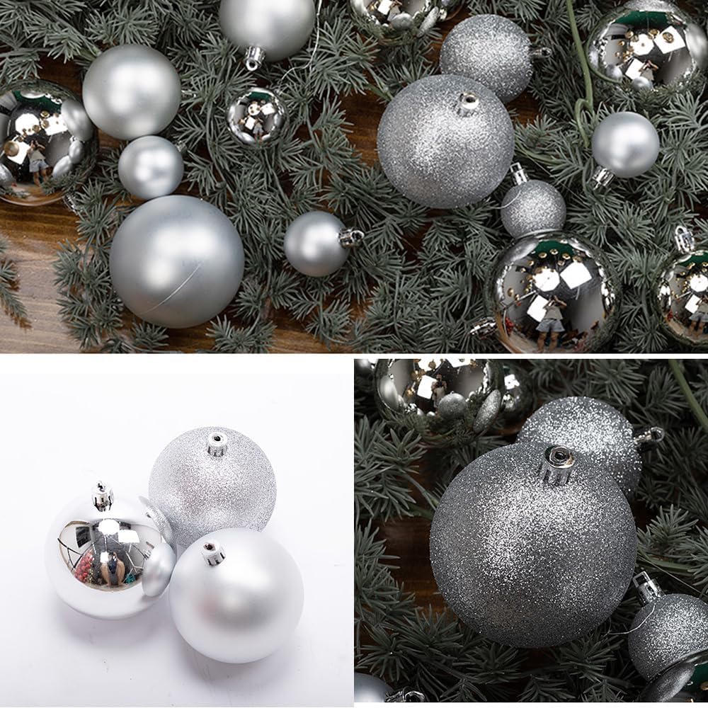 24Pcs Christmas Ornament Balls Set - 12 Glossy, 6 Matte & 6 Glittered Shatterproof Plastic Hanging Decorations for Xmas Tree (Silvery) Festive Holiday Decorative Accessories - Medaid International