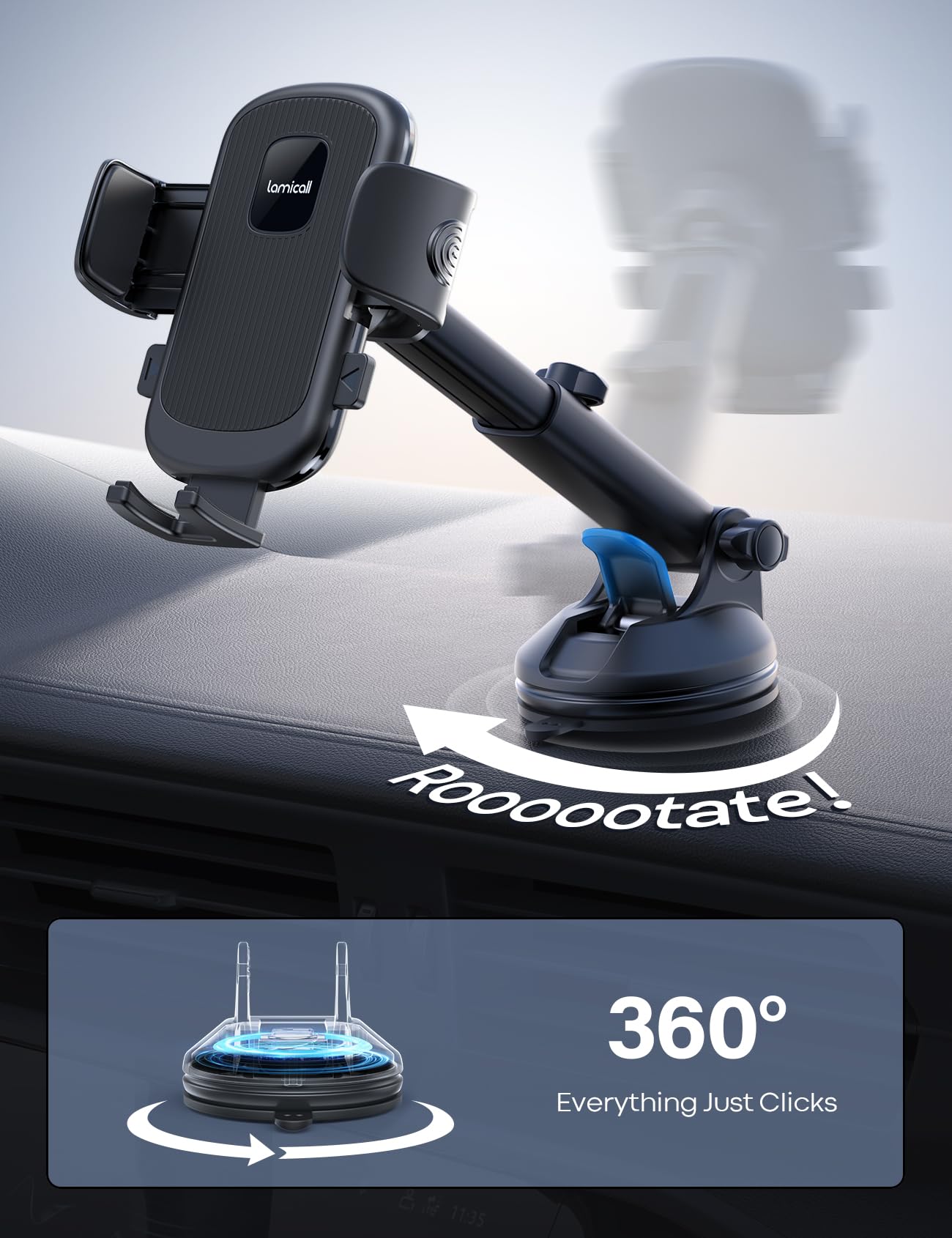 Lamicall Car Phone Holder - [Strongest Military-Grade Suction Cup] 360° Rotation Phone Holders for Your Car Quick Release Adjustable Car Phone Mount Dashboard for iPhone 17 16 Galaxy Smartphone Truck - Medaid International