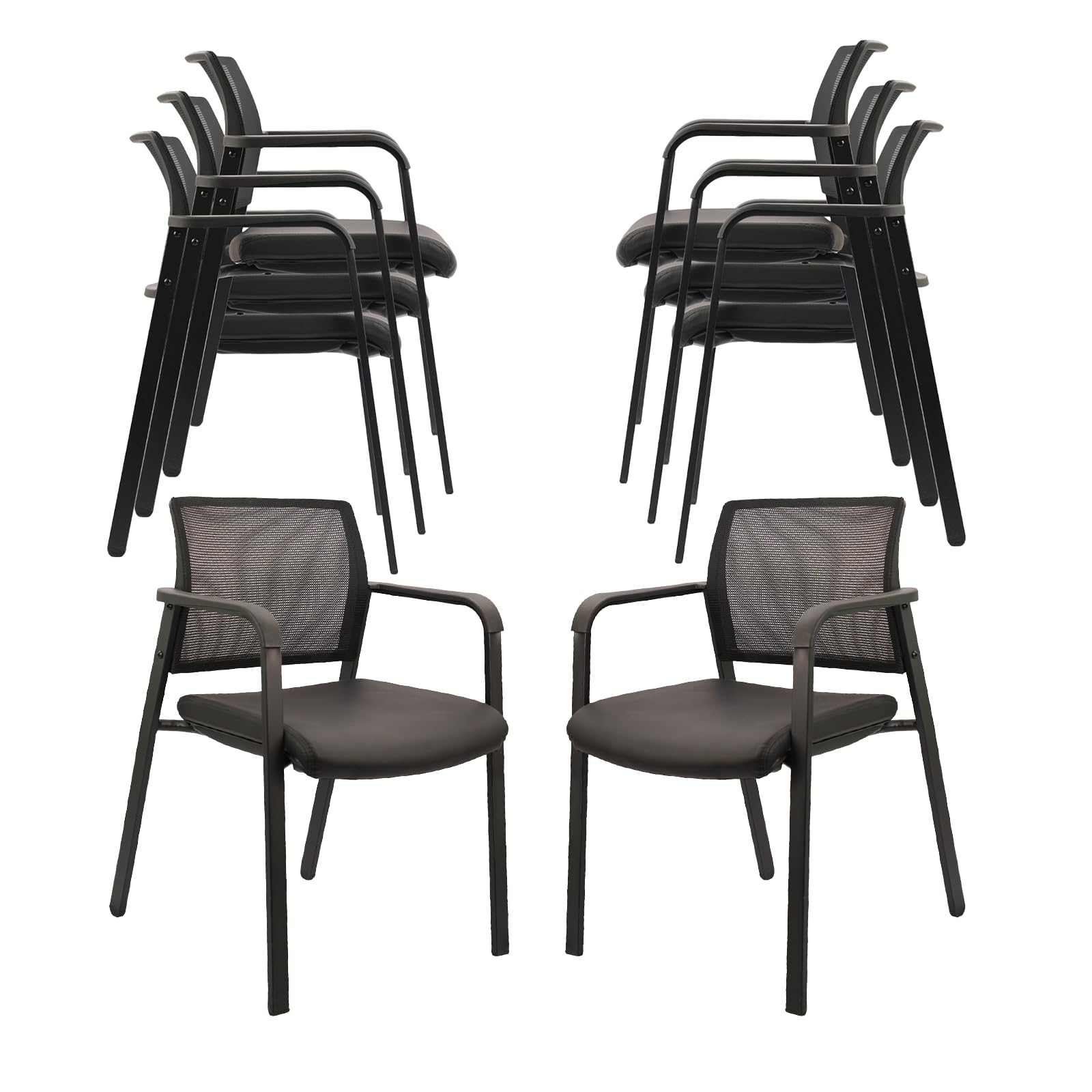 CLATINA Stackable Office Chair, Mesh Back Guest Chairs with Comfortable Leather Seat Arms Stacking Ergonomic Desk Chair No Wheels for Conference Waiting Reception School Stationary, Black, Set of 8 - Medaid International