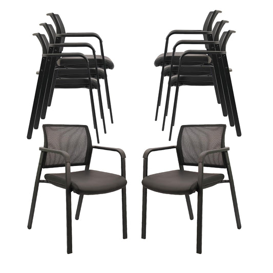 CLATINA Stackable Office Chair, Mesh Back Guest Chairs with Comfortable Leather Seat Arms Stacking Ergonomic Desk Chair No Wheels for Conference Waiting Reception School Stationary, Black, Set of 8 - Medaid International