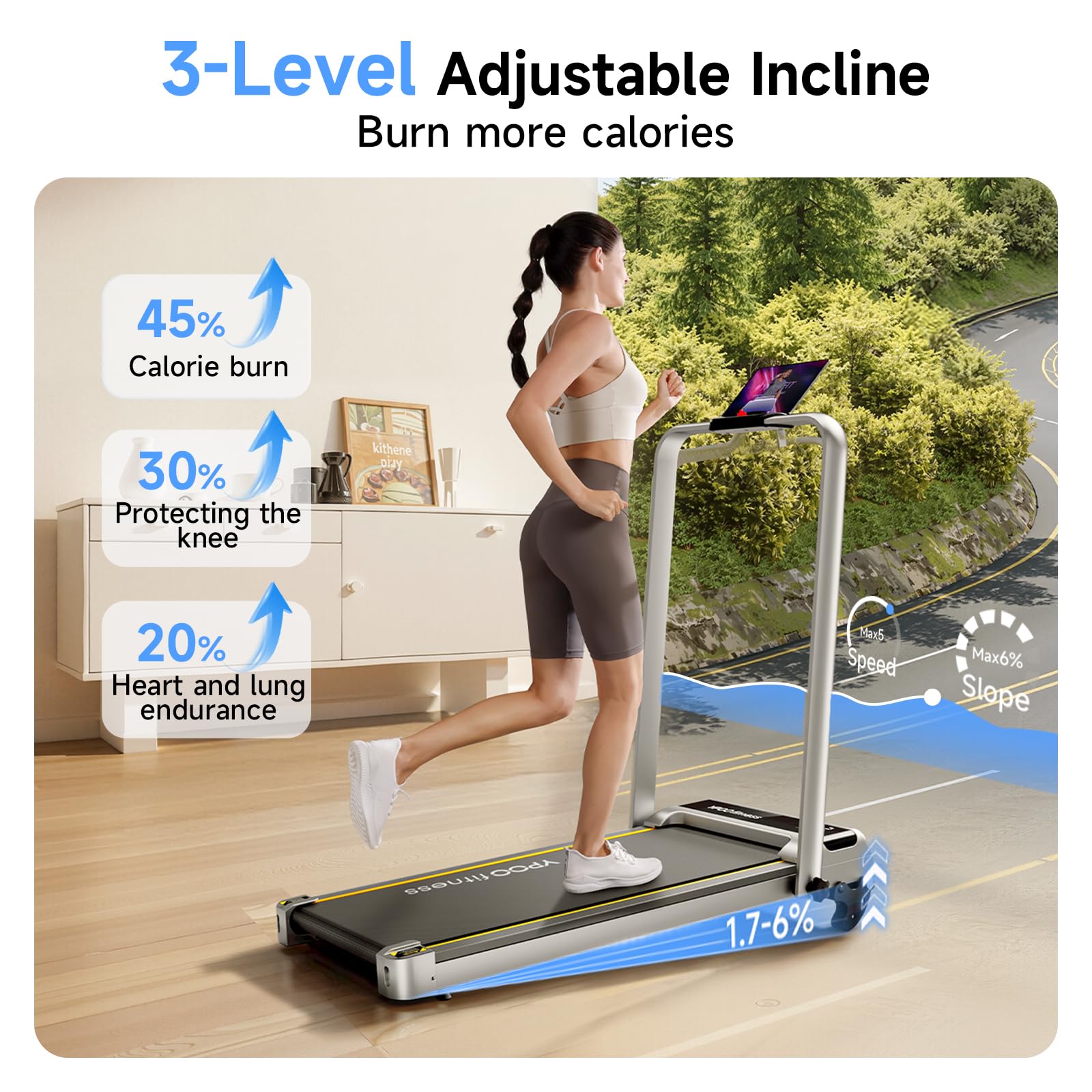 YPOO Walking Pad with Handles, Walking Pad Treadmill with Incline, 2 in 1 Foldable Treadmills for Home Small Spaces, Portable Under Desk Treadmill with 3-Level Incline, Compact Design - Medaid International