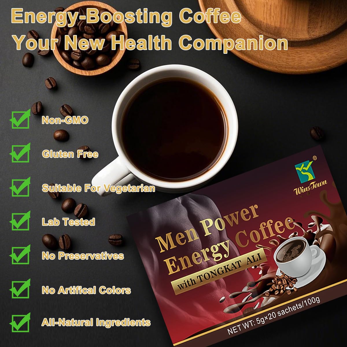 Men's Herbal Energy Coffee - Instant Black Coffee with Maca, Tongkat Ali, Epimedium & Ginseng – Boost Focus, Stamina & Vitality – 20 Sachets - Medaid International