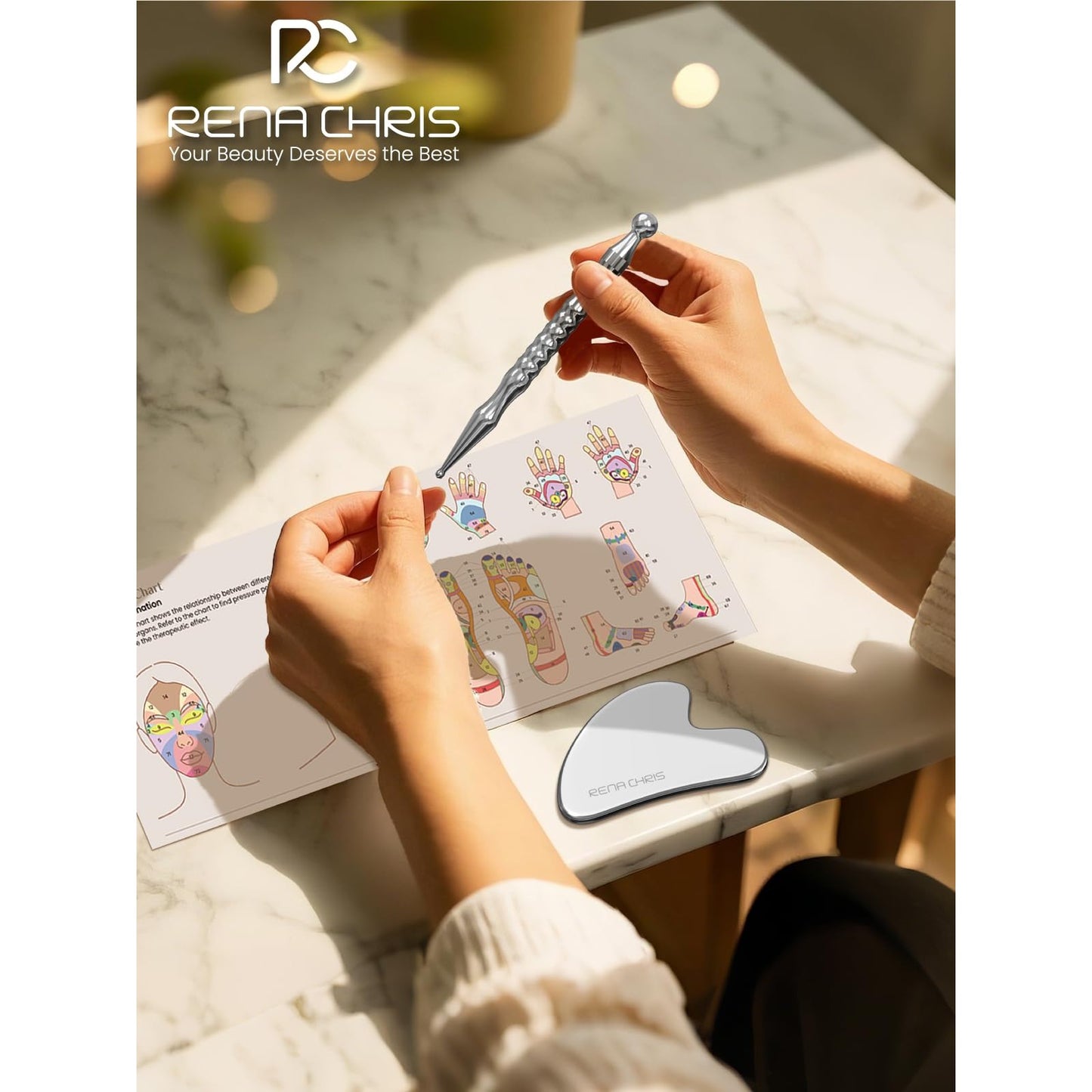 Rena Chris Acupuncture Pen, Manual Reflexology Tools for Muscle Tension and Pain Relief, Acupressure Pen and Stainless Steel Gua Sha Set with Reflexology Chart, Easy to Use - Medaid International