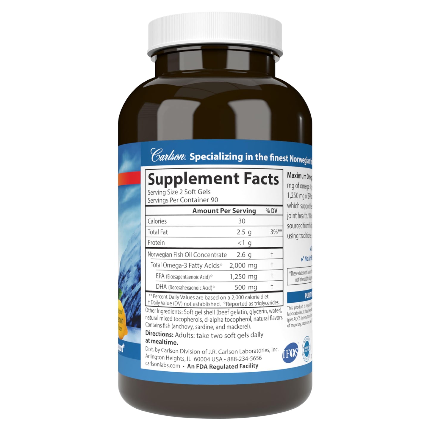 Carlson - Maximum Omega 2000, 2000 mg Omega-3 Fatty Acids Including EPA and DHA, Wild-Caught, Norwegian Fish Oil Supplement, Sustainably Sourced Fish Oil Capsules, Lemon, 180 Softgels - Medaid International