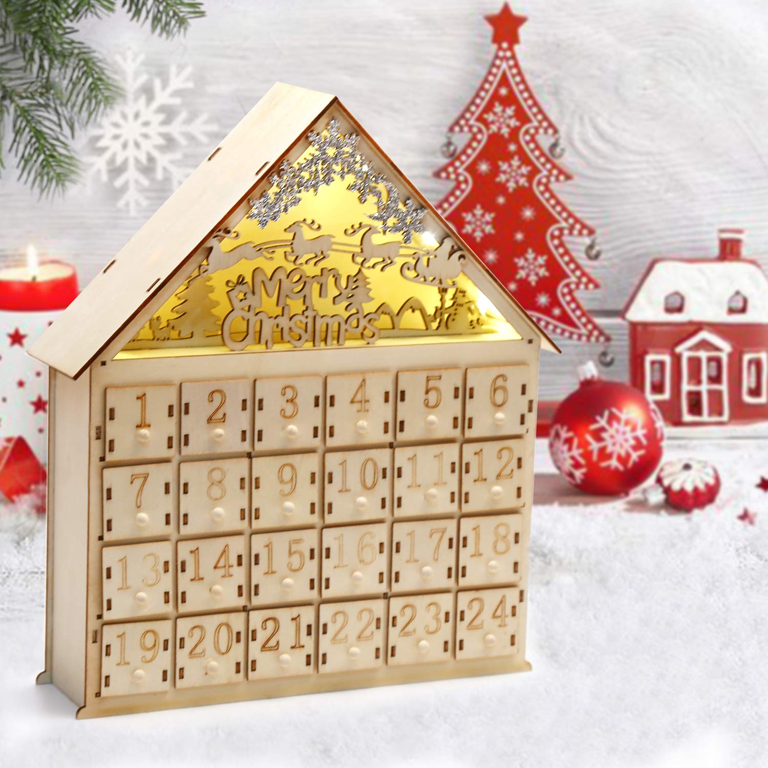 CCINEE Christmas Wooden Advent Calendar with LED Light 24 Storage Drawers Christmas Countdown Calendar for Holiday Decoration - Medaid International