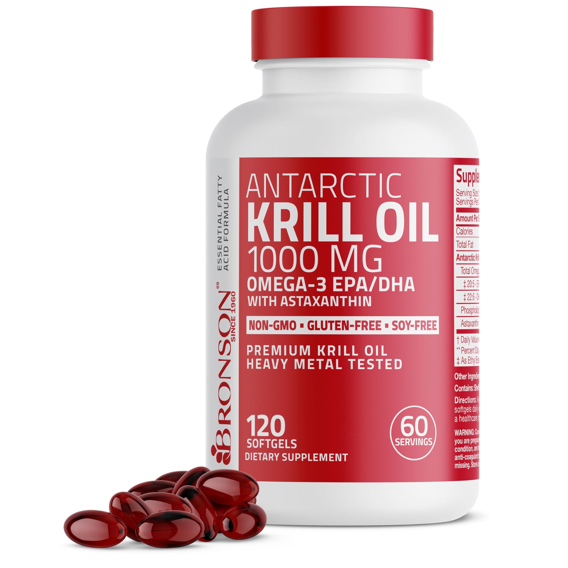 Bronson Antarctic Krill Oil 1000 mg with Omega-3s EPA, DHA, Astaxanthin and Phospholipids 120 Softgels - Medaid International