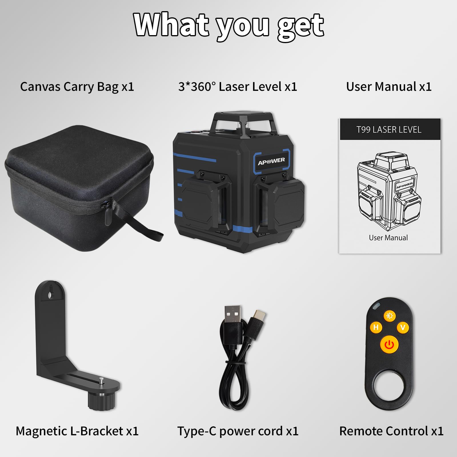 APOWER Laser Level 360 Self Leveling, 3 x 360° Cross Line Lazer Leveler Tool for Construction and Picture Hanging, Rechargeable Nivel Laser Outdoor, L-Magnetic Bracket Included - Medaid International