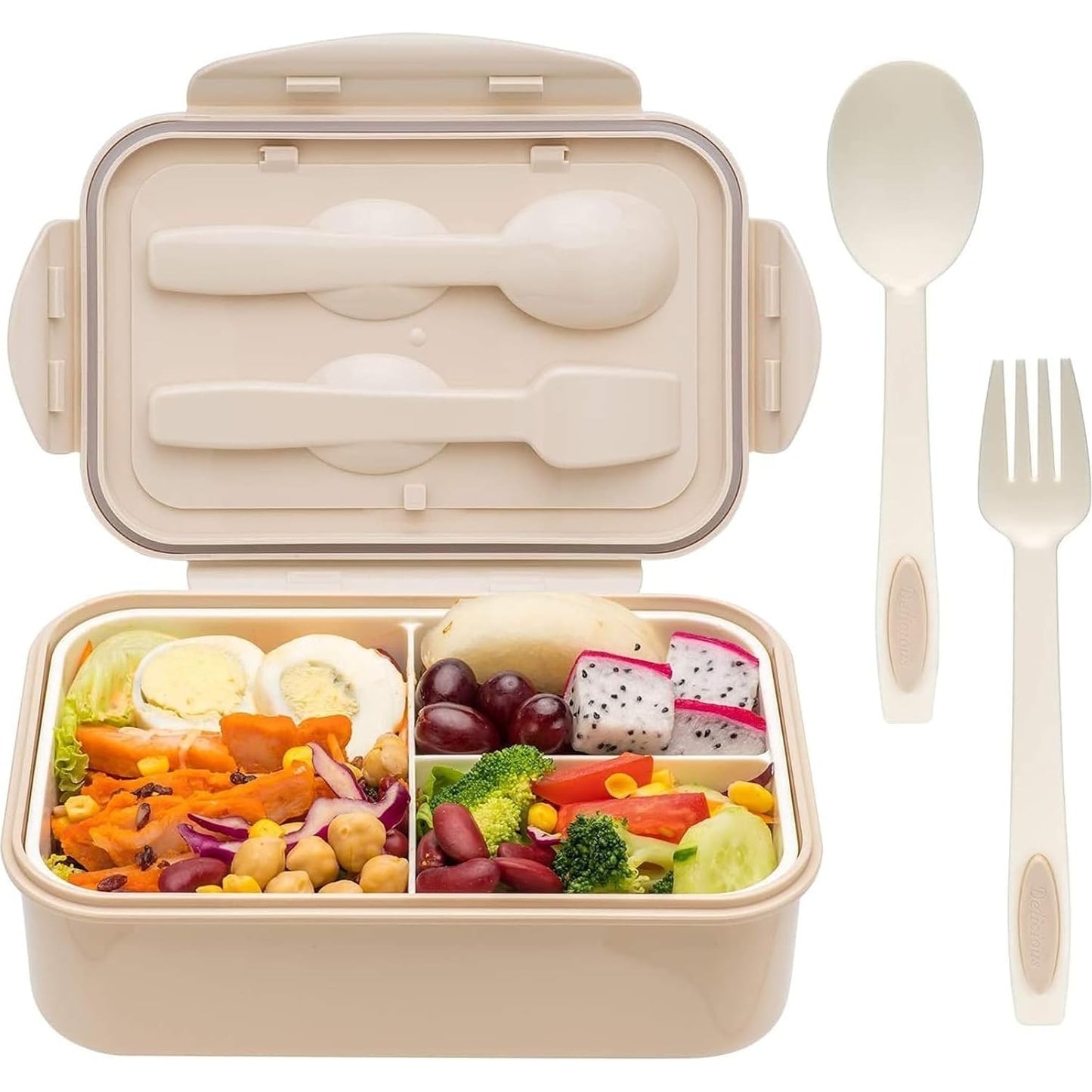 YumLock Bento Box, 3 Compartments 1400ml Lunch Box For Kids and Adults with Reusable Spoon and Fork, Leakproof Food Container for On the Go Meal, Microwave Safe (Khaki) - Medaid - Lebanon