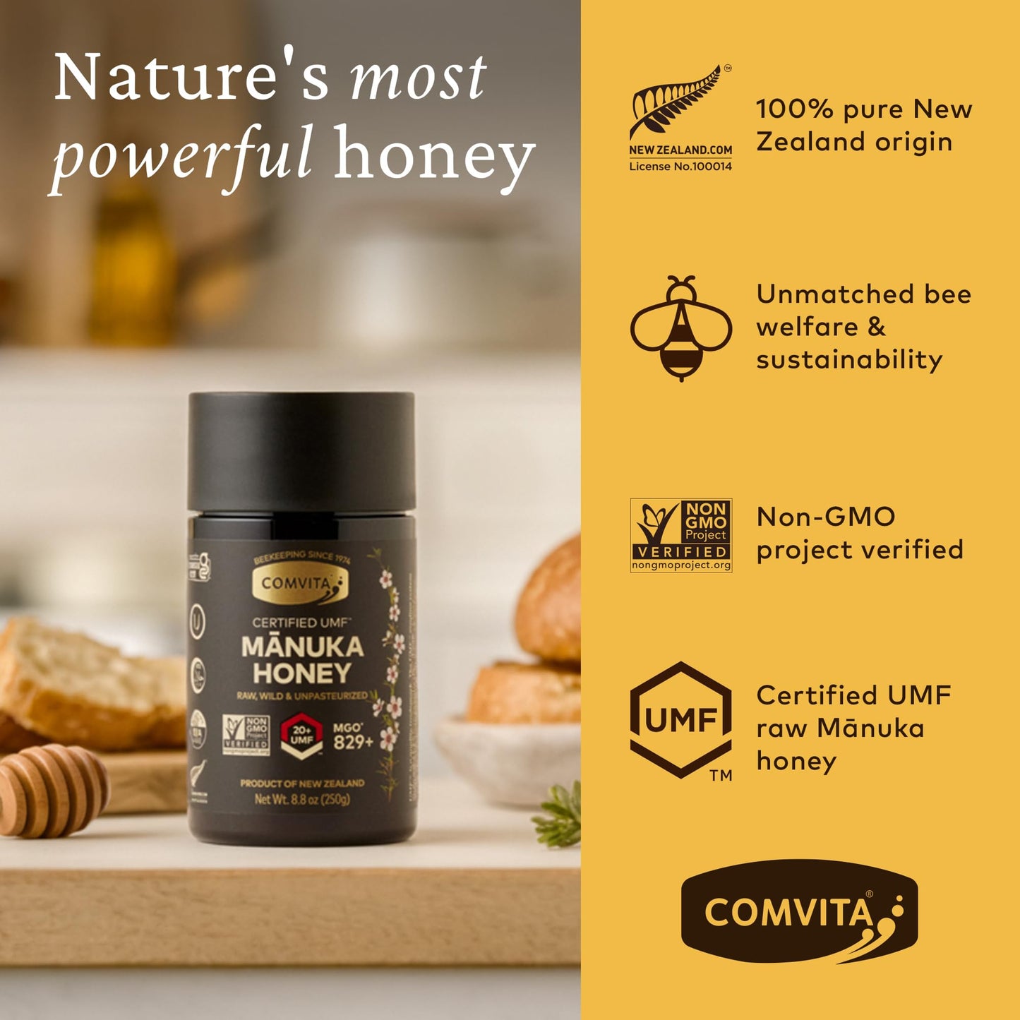 Comvita Manuka Honey UMF 20+ (MGO 829+) - Raw Manuka Honey New Zealand, Pure & Unpasteurized, Superfood for Immune Health, Use in Tea, Wild, Monofloral, Non-GMO - 250g (8.8 oz) - Medaid International