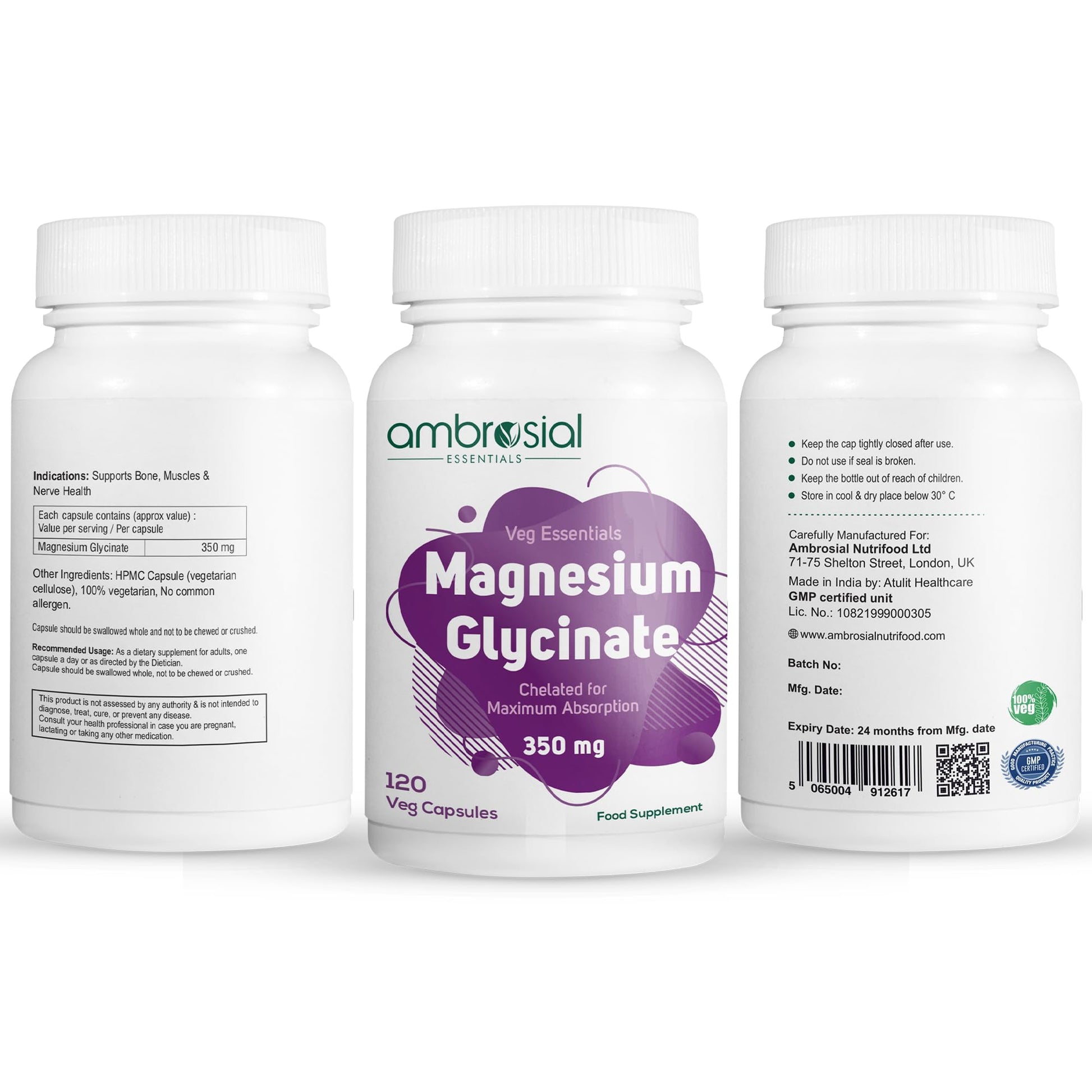 Ambrosial Magnesium Glycinate 350mg Pack of 1-120 Capsules - Medaid International