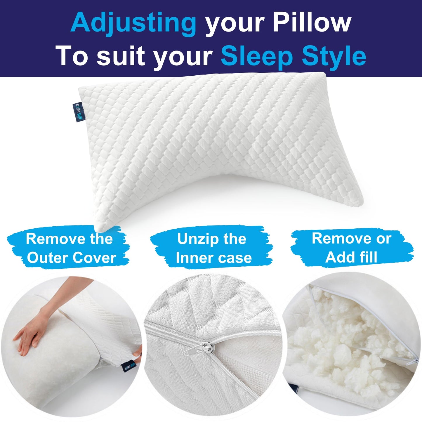 Sidney Sleep Pillow for Side and Back Sleepers - Comfort for Neck and Shoulder Pain - Adjustable Contour Fill - Queen Size - Extra Fill Included (White) - Medaid International