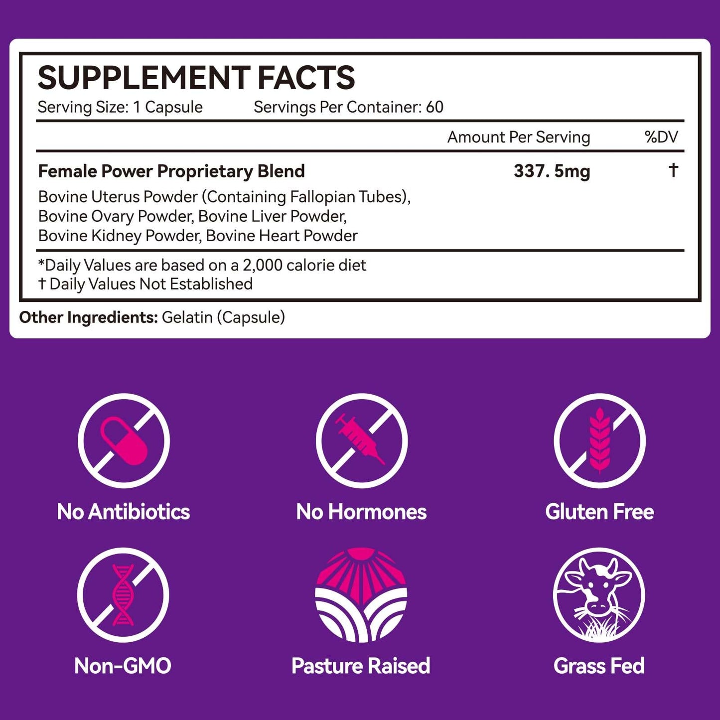 Beef Organ Supplement for Women with Beef Liver, Kidney, Heart and Uterus Tissue, Supports Women's Overall Wellness, Hormone Balance, Energy, Skin Health, 100% Grass Fed, Non-GMO, 60 Capsules - Medaid International