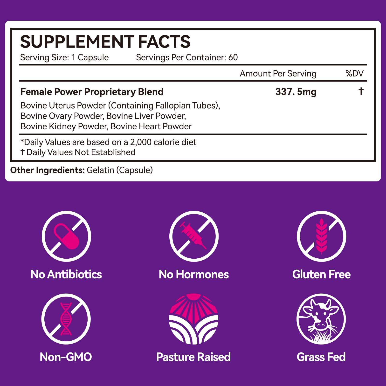Beef Organ Supplement for Women with Beef Liver, Kidney, Heart and Uterus Tissue, Supports Women's Overall Wellness, Hormone Balance, Energy, Skin Health, 100% Grass Fed, Non-GMO, 60 Capsules - Medaid International