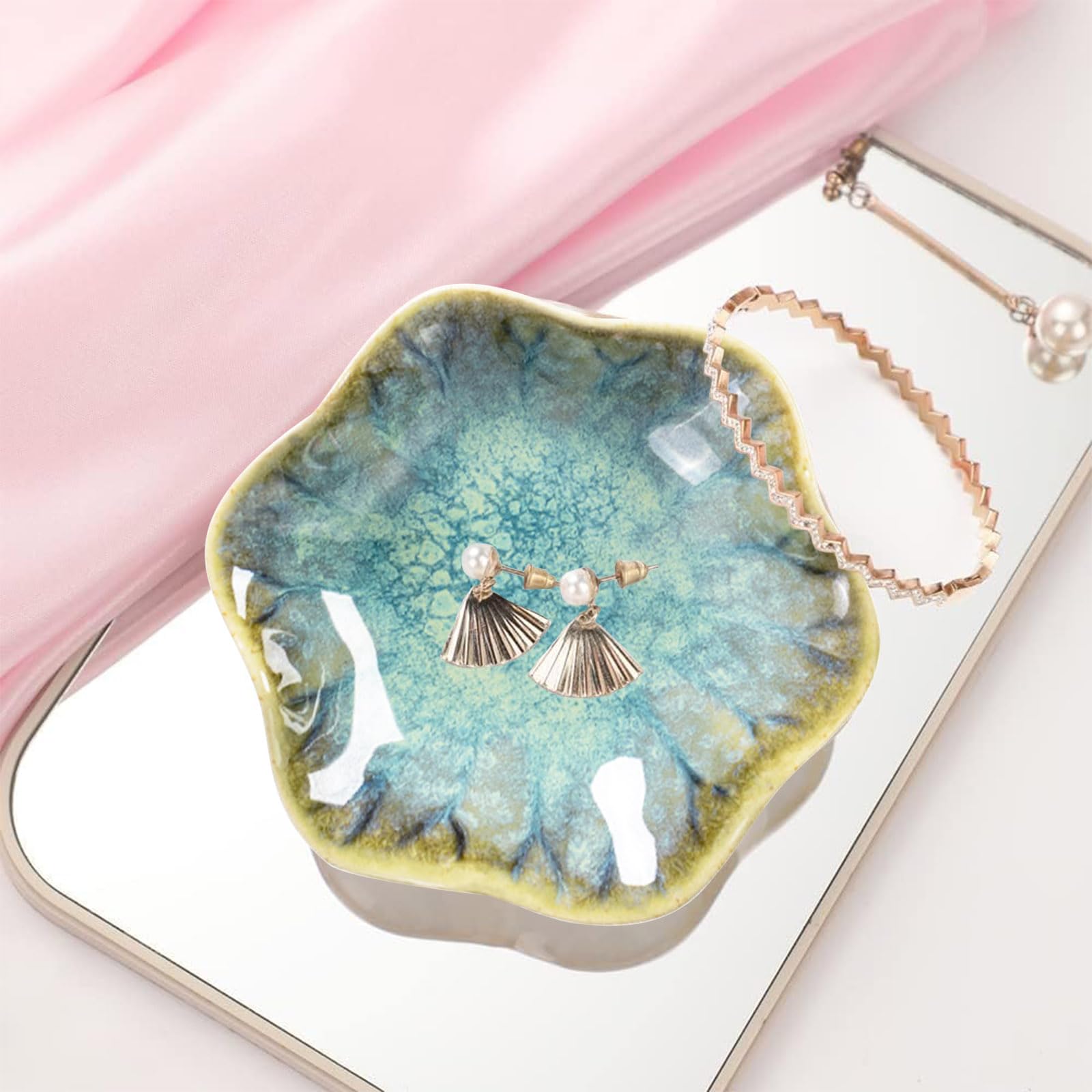 Ceramic Jewelry Dish,Leaf Jewelry Tray Key Tray,Jewelry Holder,Small Ring Dish Holder Jewelry Plate Trinket Dish Catchall Tray Nightstand Decor For Entryway Table Green Room Decor（Crystal Green） - Medaid International