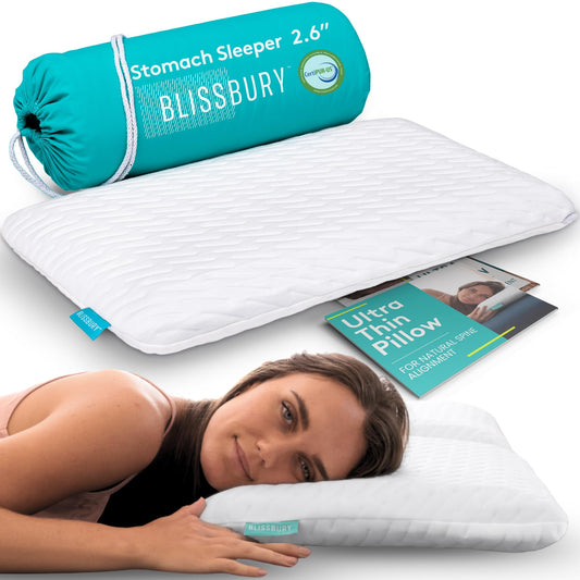 BLISSBURY Stomach Sleeping Pillow – Ultra Thin 2.6" Memory Foam for Neck and Cervical Support | Flat Pillow for Belly Sleeper | Low Loft Design for Comfort and Better Sleep - Medaid International