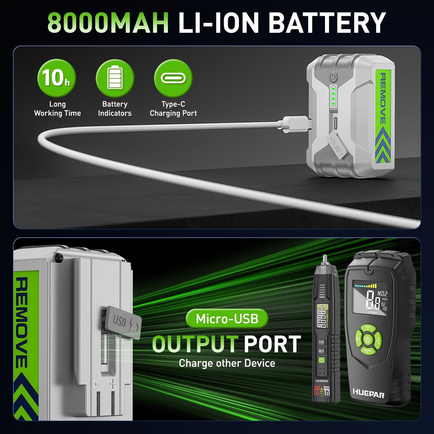 HueparPro Laser Level 3 x 360 Self Leveling Green Beam Laser Tool, High Accuracy Professional 3D Cross Line Laser with 8000mAh Rechargeable Li-ion Battery, Magnetic Bracket & Hard Carry Case ZK03CG - Medaid International