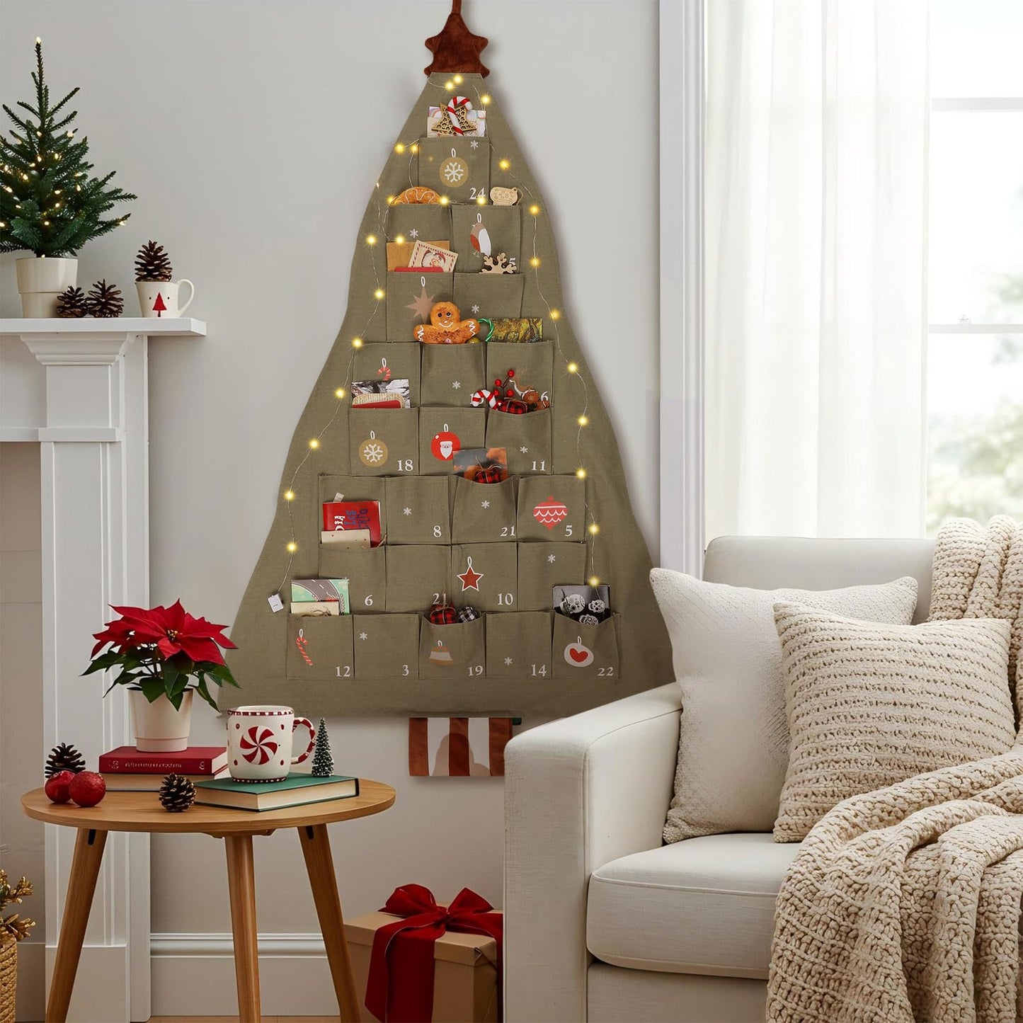 SATINIOR Fabric Christmas Advent Calendar with Pockets Xmas Tree Empty Cloth Advent Calendar to Fill 24 Days Reusable Natural 24 Days Countdown Hanging Storage Bag for Home Xmas Countdown Decoration - Medaid International