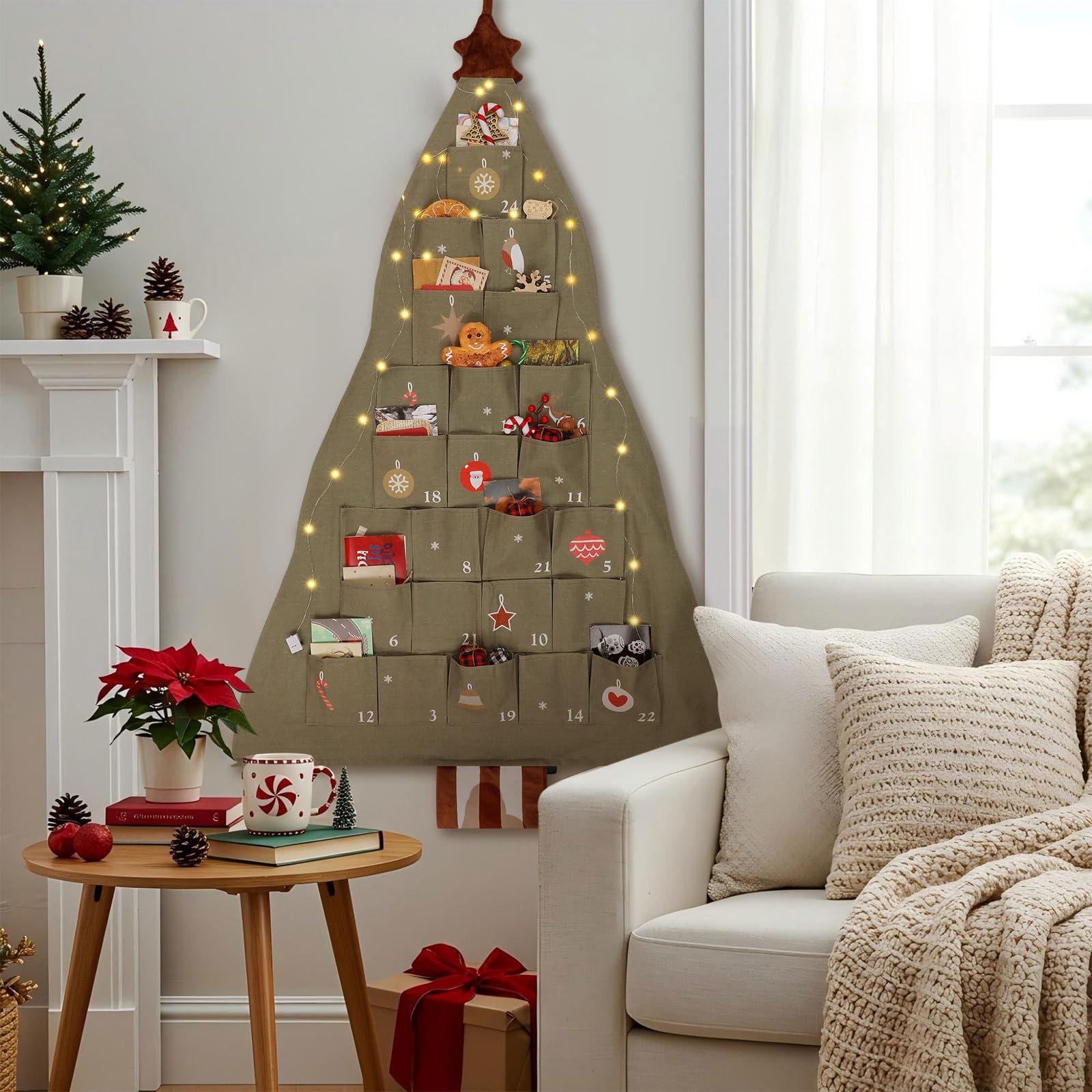SATINIOR Fabric Christmas Advent Calendar with Pockets Xmas Tree Empty Cloth Advent Calendar to Fill 24 Days Reusable Natural 24 Days Countdown Hanging Storage Bag for Home Xmas Countdown Decoration - Medaid International