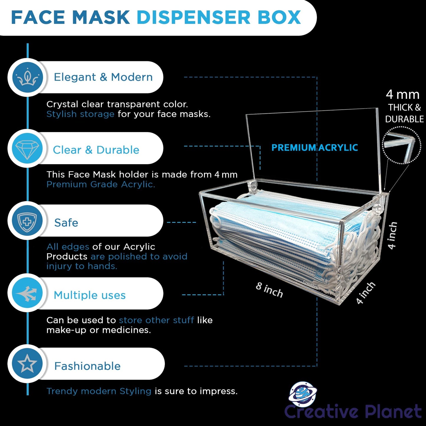 Creative Planet - Mask Dispenser, Hygienic Acrylic Mask Holder and Storage Box, High Clarity Mask Case for Home Office Car, Transparent Acrylic Container - Medaid International