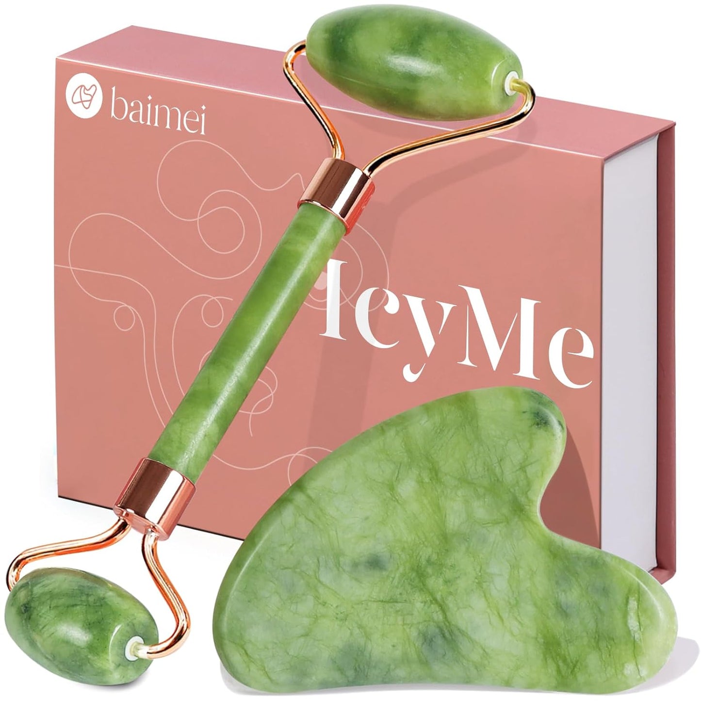 BAIMEI IcyMe Gua Sha & Jade Roller Facial Tools Face Roller and Gua Sha Set for Puffiness and Redness Reducing Skin Care Routine, Self Care Gift for Men Women - Green - Medaid - Lebanon