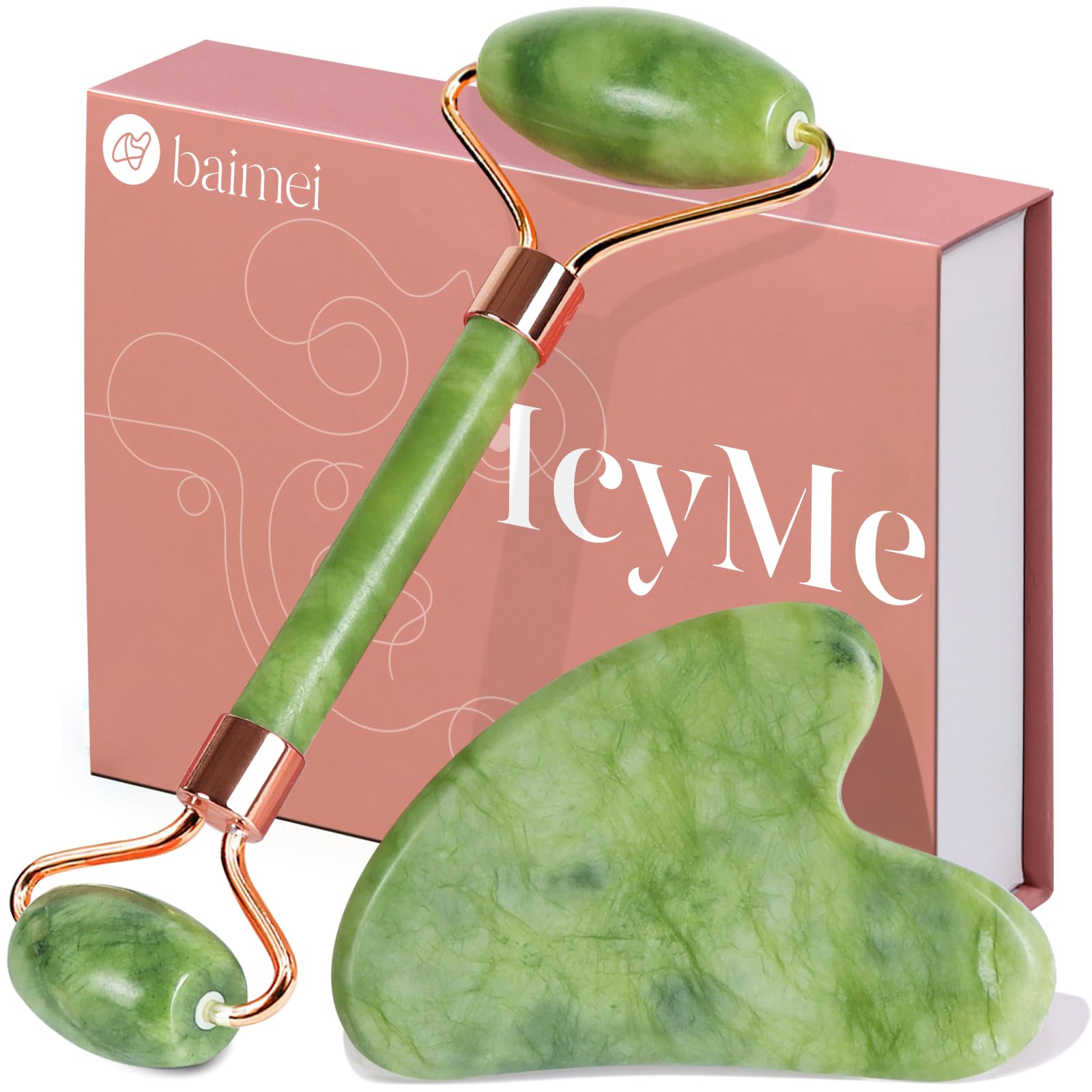 BAIMEI IcyMe Gua Sha & Jade Roller Facial Tools Face Roller and Gua Sha Set for Puffiness and Redness Reducing Skin Care Routine, Self Care Gift for Men Women - Green - Medaid International