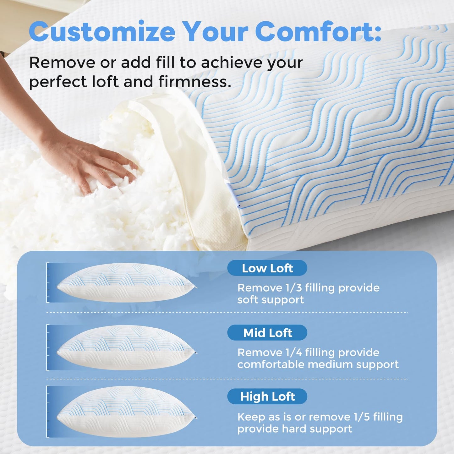 VONPURE Shredded Memory Foam Pillows Queen Size Set of 2, Adjustable Loft Cooling Firm Bed Pillows for Hot Sleepers, Side Back and Stomach Sleepers - Medaid International